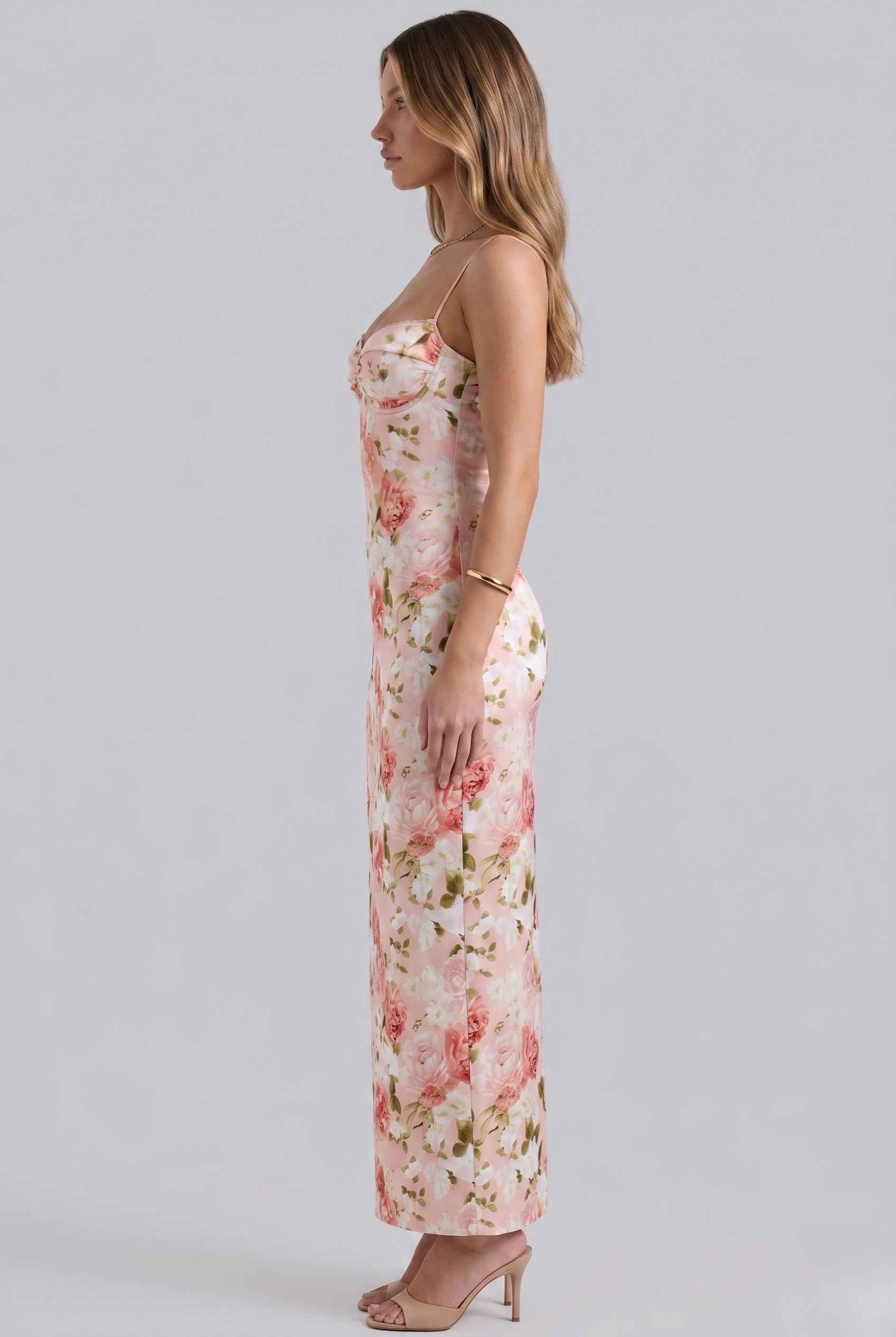Virtual Model wearing The Vivianna Satin Slip Dress Floral Bustier Pink Long Dress