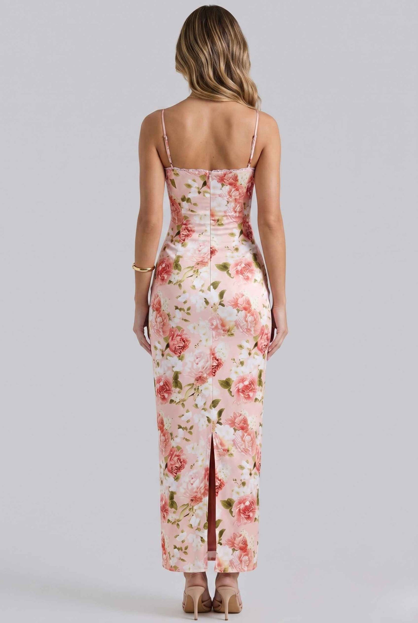 Virtual Model wearing The Vivianna Satin Slip Dress Floral Bustier Pink Long Dress