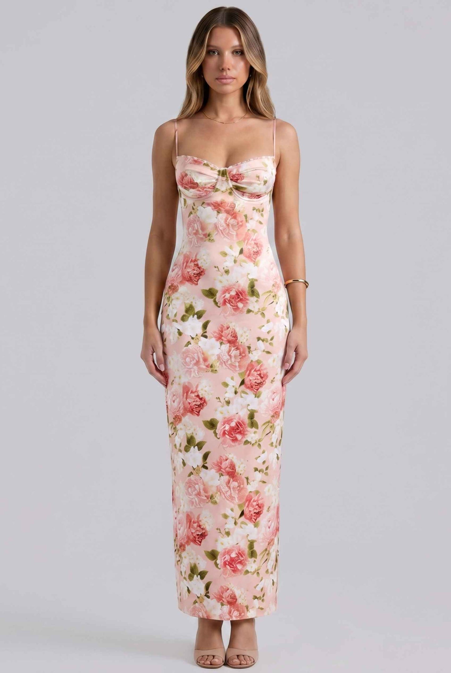 Virtual Model wearing The Vivianna Satin Slip Dress Floral Bustier Pink Long Dress