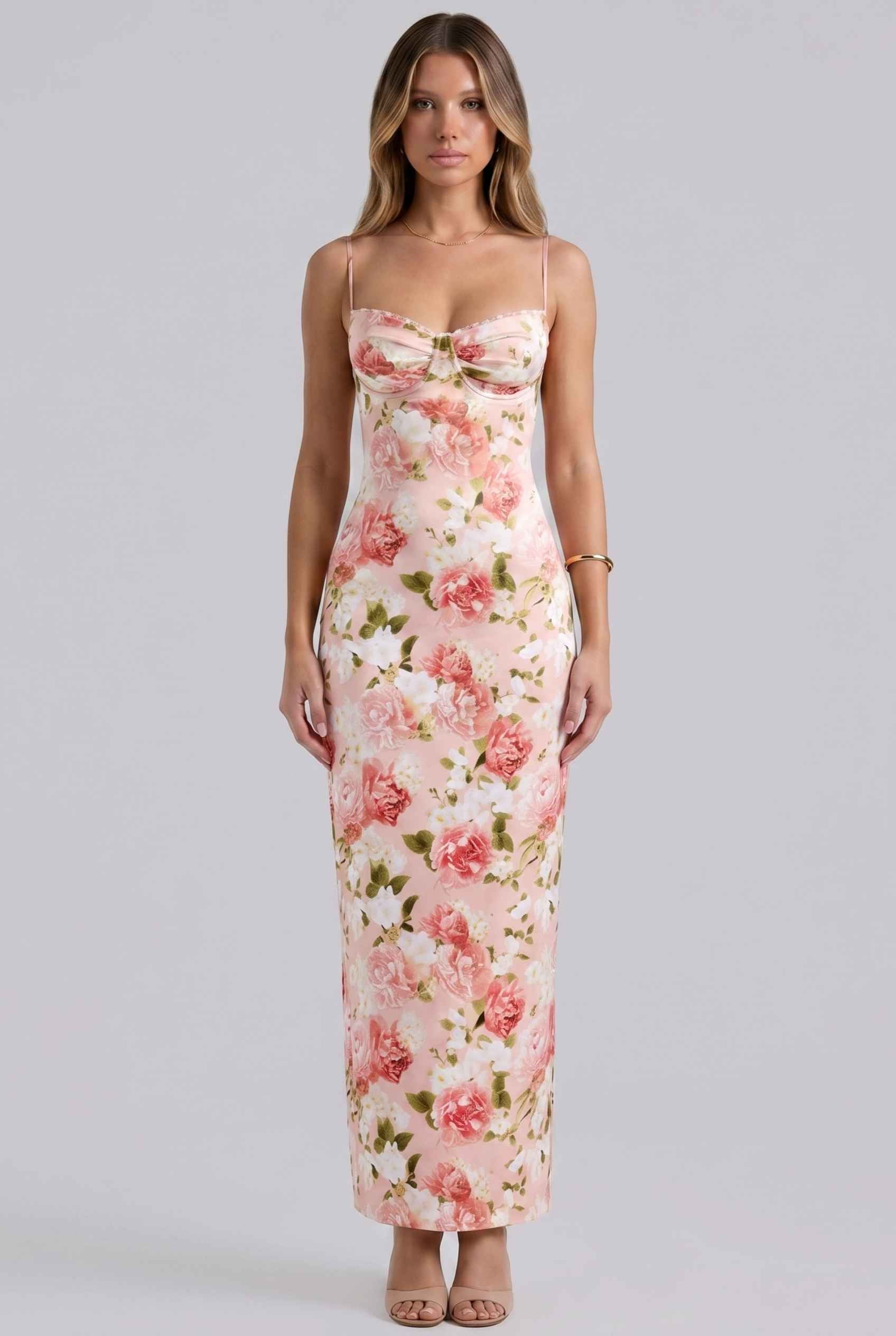 Virtual Model wearing The Vivianna Satin Slip Dress Floral Bustier Pink Long Dress