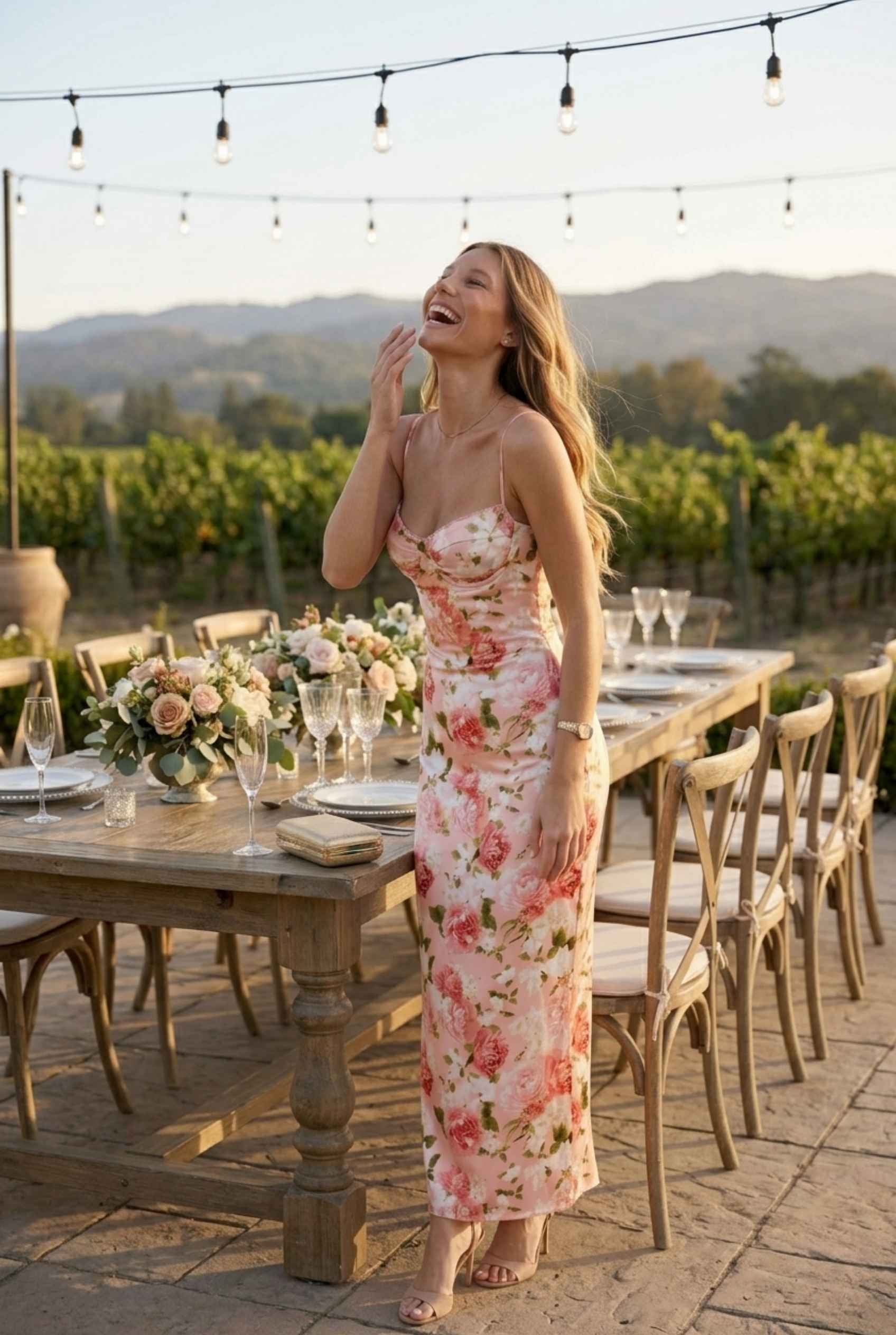 Virtual Model wearing The Vivianna Satin Slip Dress Floral Bustier Pink Long Dress