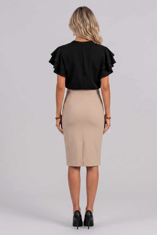 Virtual Model Wearing The Vivienne Ruffle Blouse Black Ruffle Flutter Sleeve Split Neck Blouse
