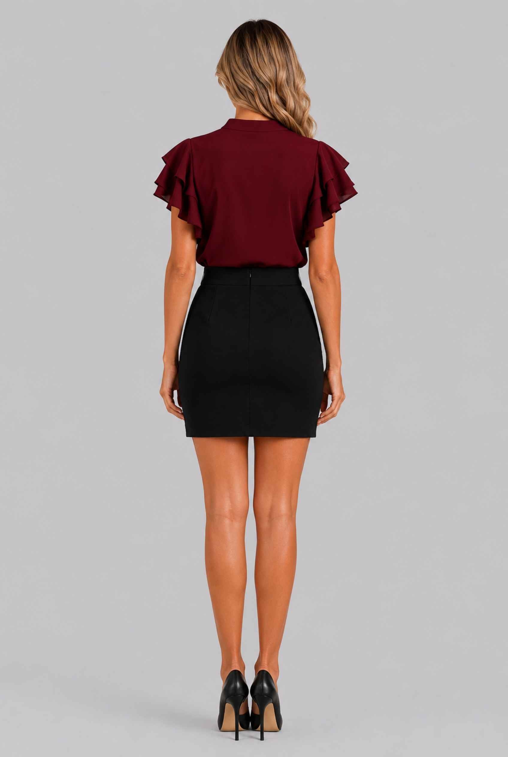Virtual Model Wearing The Vivienne Ruffle Blouse Burgundy Ruffle Flutter Sleeve Split Neck Blouse