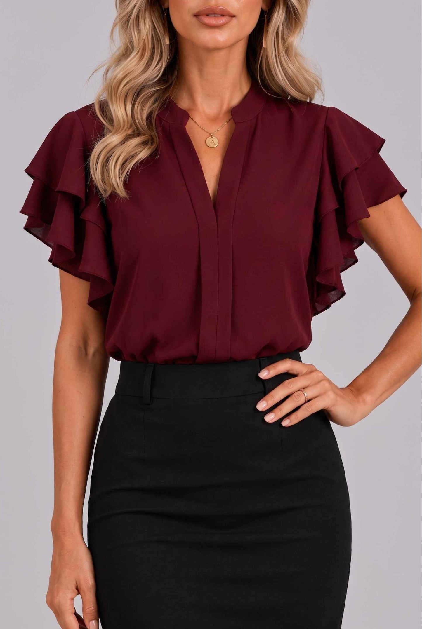 Virtual Model Wearing The Vivienne Ruffle Blouse Burgundy Ruffle Flutter Sleeve Split Neck Blouse