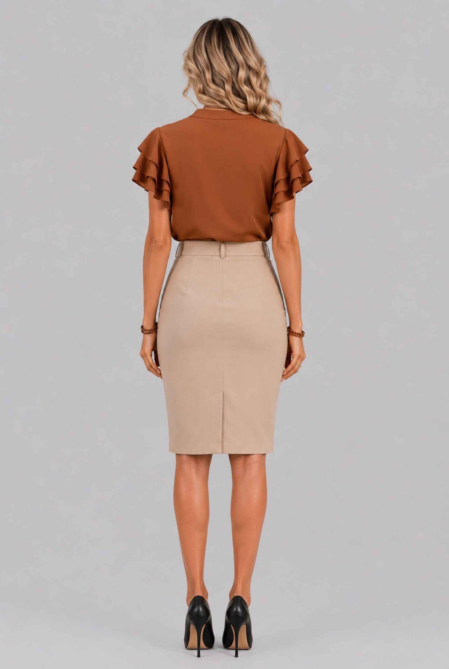 Virtual Model Wearing The Vivienne Ruffle Blouse Caramel Ruffle Flutter Sleeve Split Neck Blouse