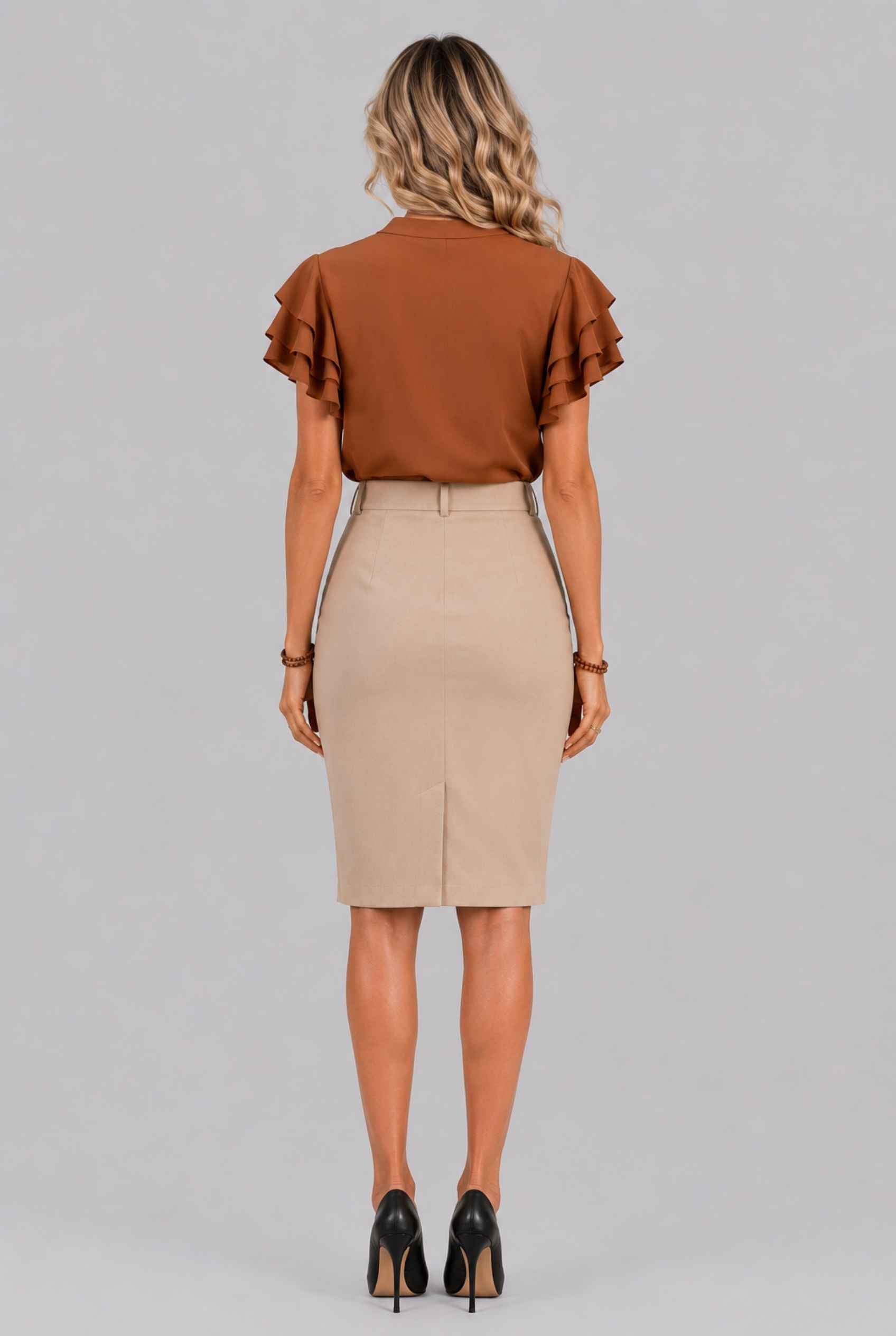 Virtual Model Wearing The Vivienne Ruffle Blouse Caramel Ruffle Flutter Sleeve Split Neck Blouse
