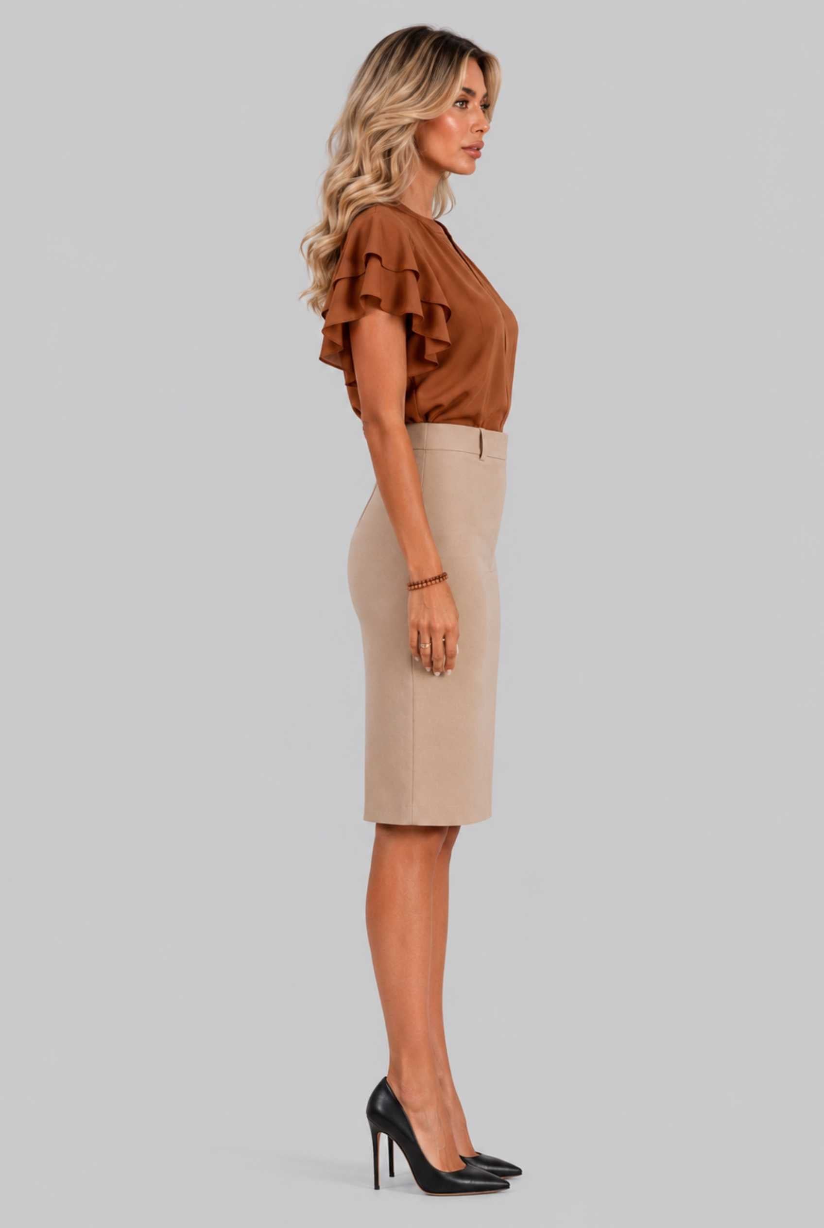 Virtual Model Wearing The Vivienne Ruffle Blouse Caramel Ruffle Flutter Sleeve Split Neck Blouse
