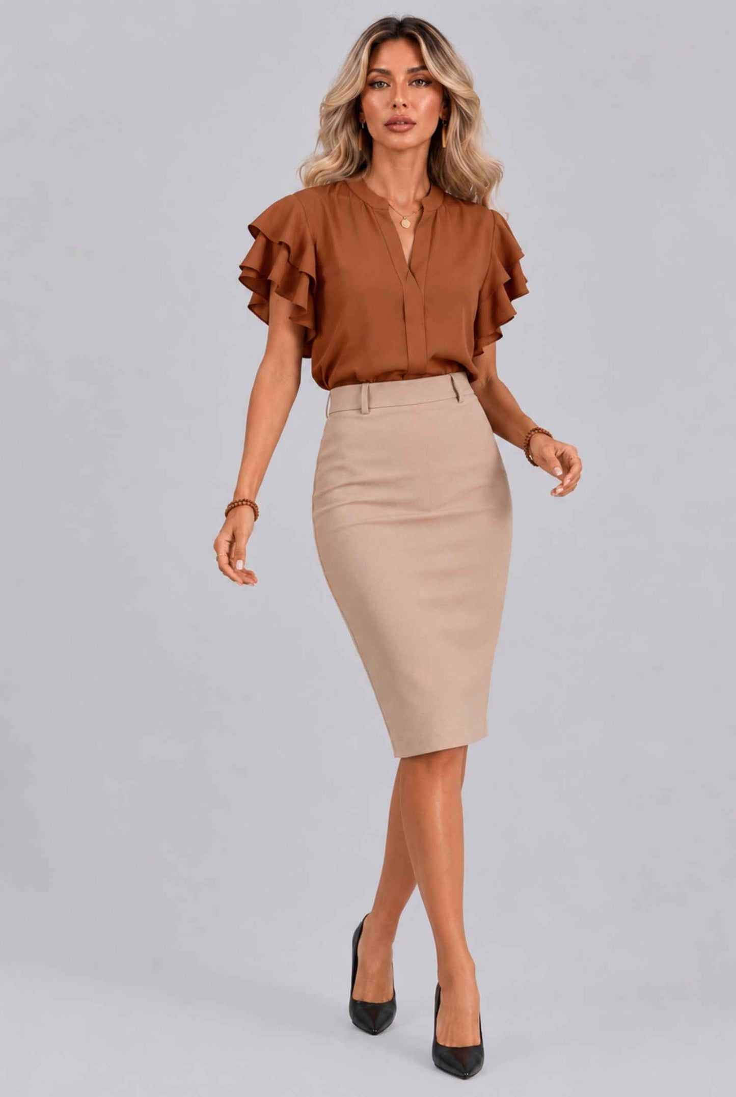 Virtual Model Wearing The Vivienne Ruffle Blouse Caramel Ruffle Flutter Sleeve Split Neck Blouse