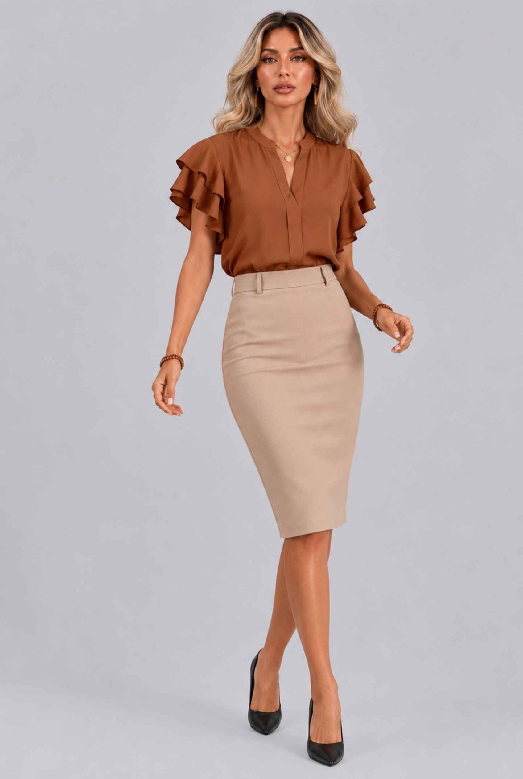 Virtual Model Wearing The Vivienne Ruffle Blouse Caramel Ruffle Flutter Sleeve Split Neck Blouse