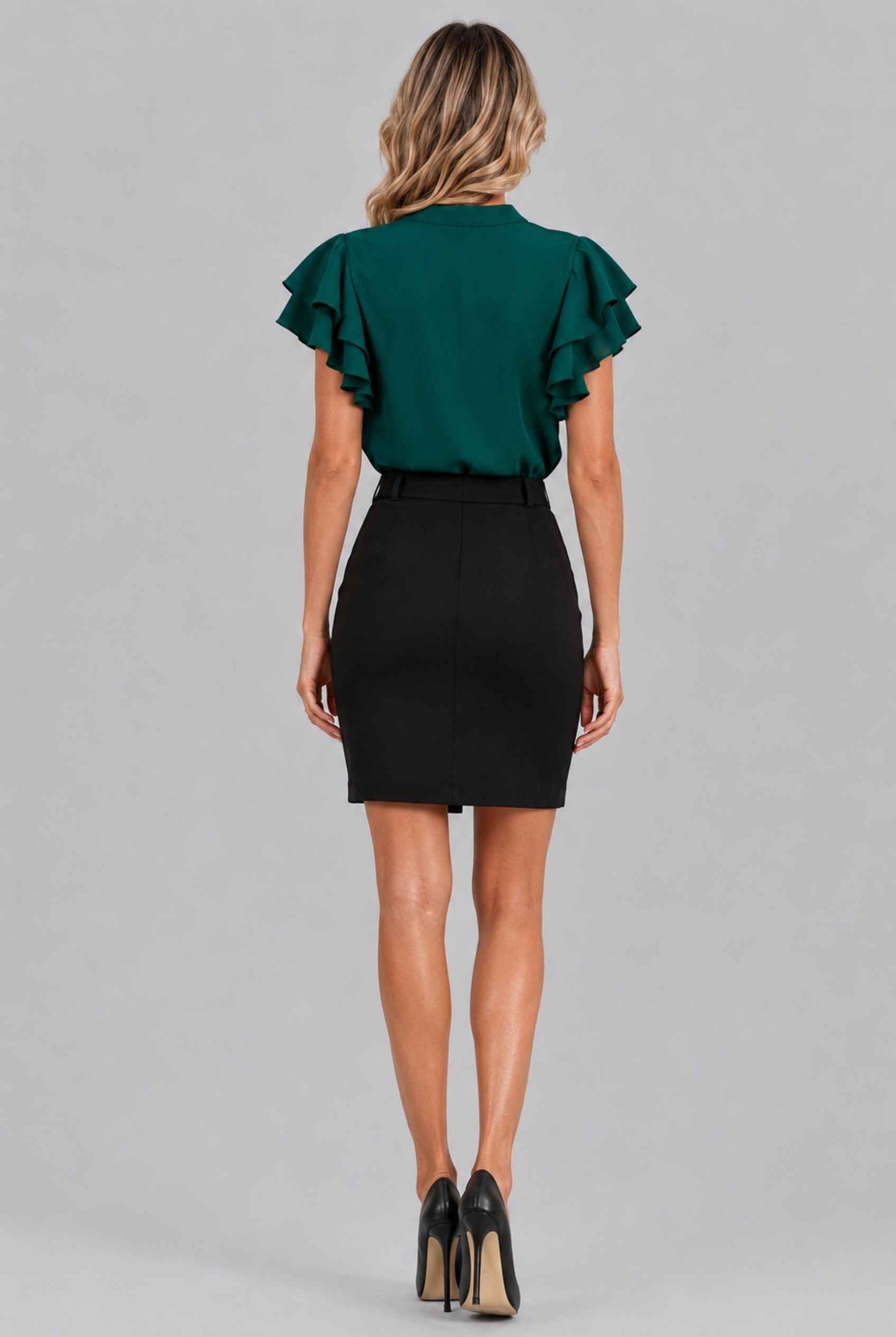 Virtual Model Wearing The Vivienne Ruffle Blouse Dark Green Ruffle Flutter Sleeve Split Neck Blouse