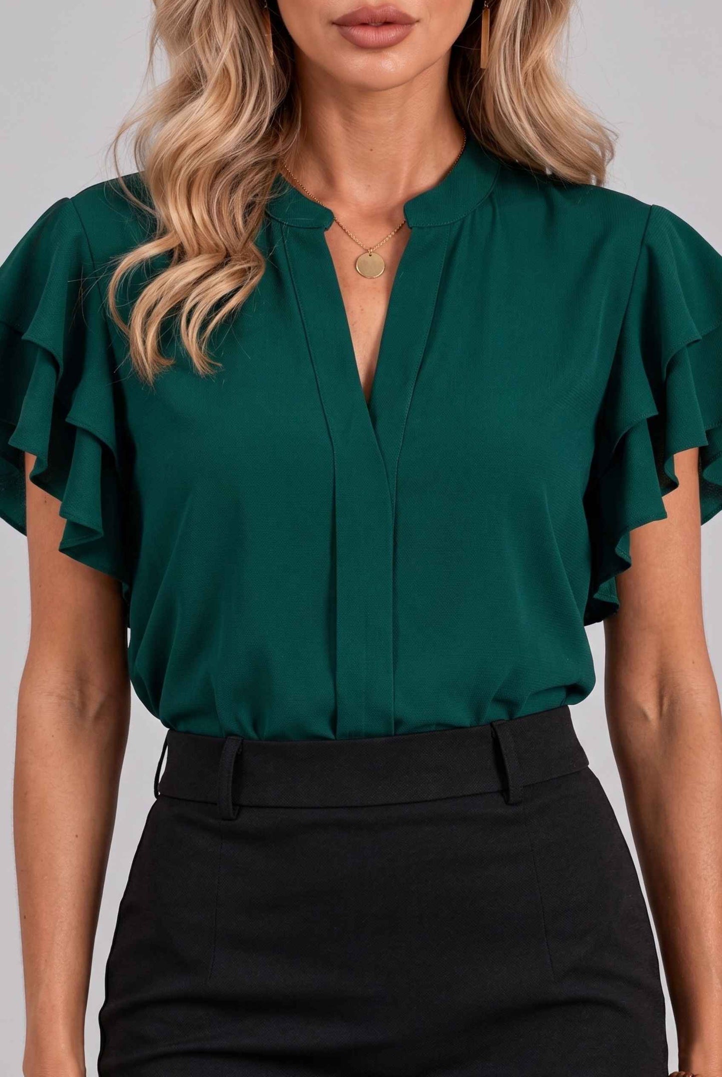 Virtual Model Wearing The Vivienne Ruffle Blouse Dark Green Ruffle Flutter Sleeve Split Neck Blouse