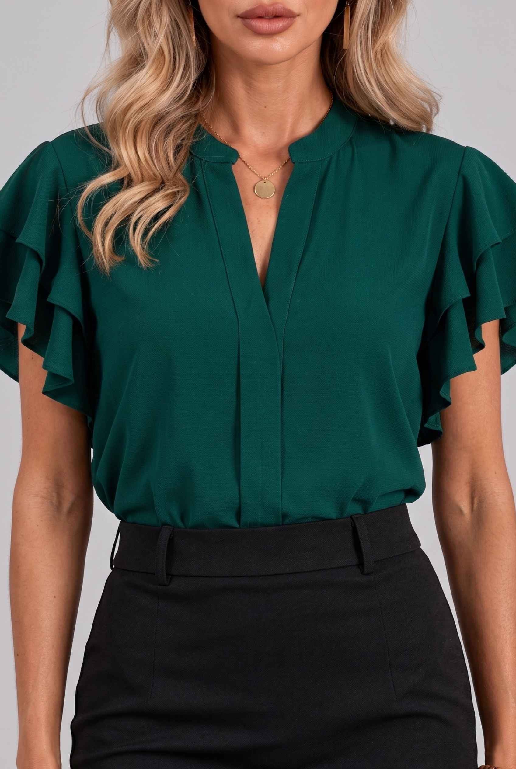 Virtual Model Wearing The Vivienne Ruffle Blouse Dark Green Ruffle Flutter Sleeve Split Neck Blouse
