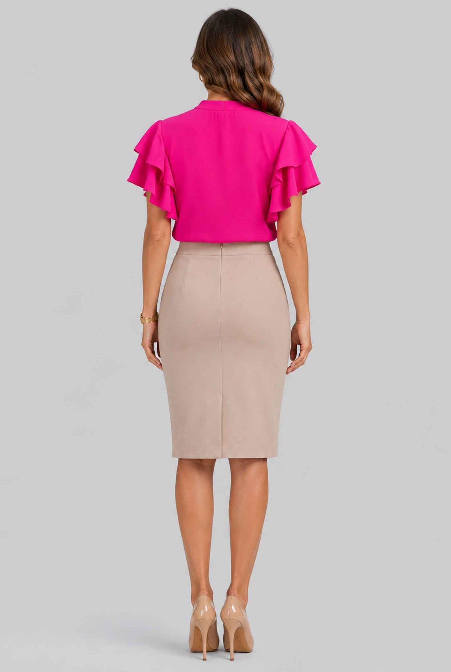 Virtual Model Wearing The Vivienne Ruffle Blouse Pink Ruffle Flutter Sleeve Split Neck Blouse