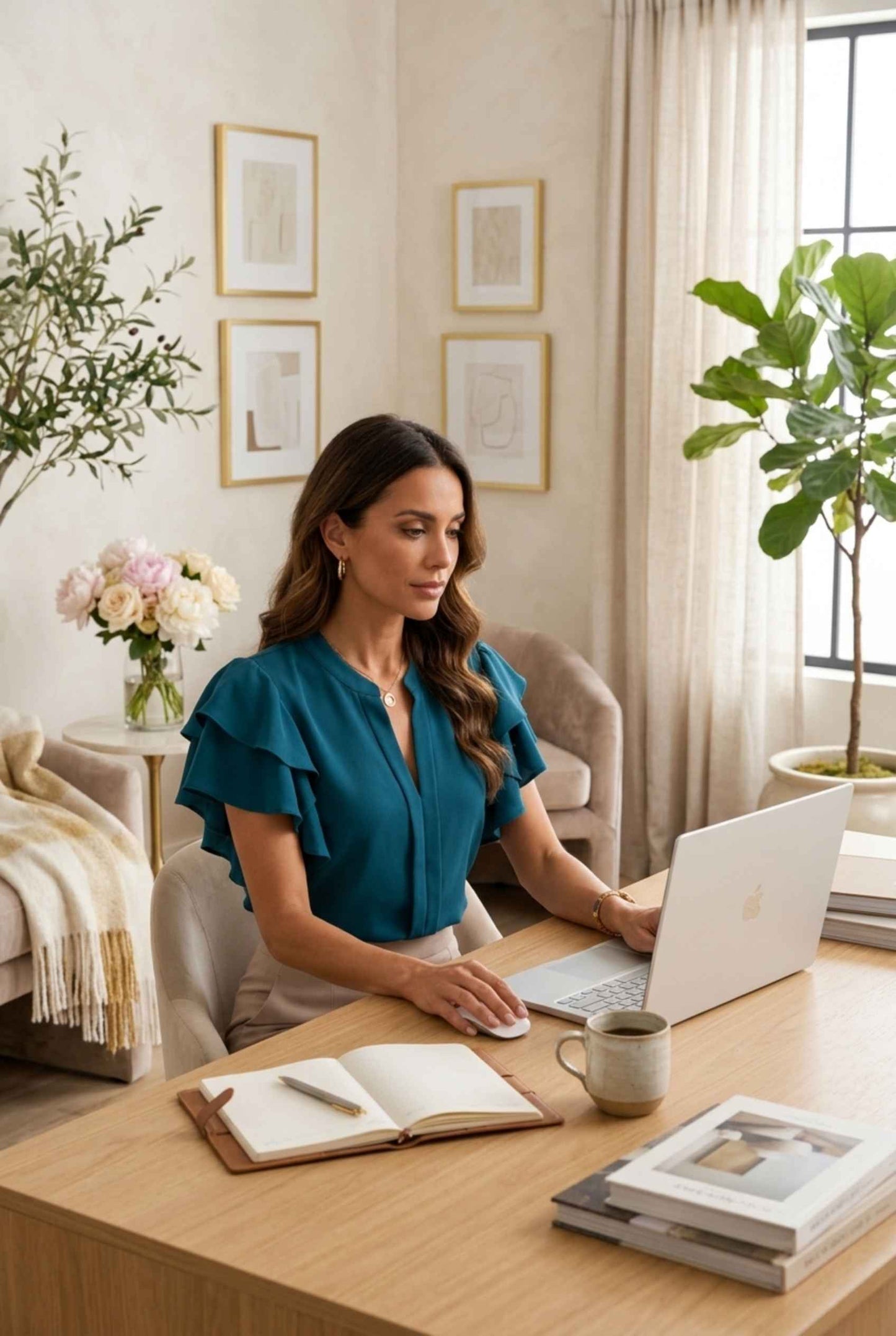 Virtual Model Wearing The Vivienne Ruffle Blouse Teal Ruffle Flutter Sleeve Split Neck Blouse