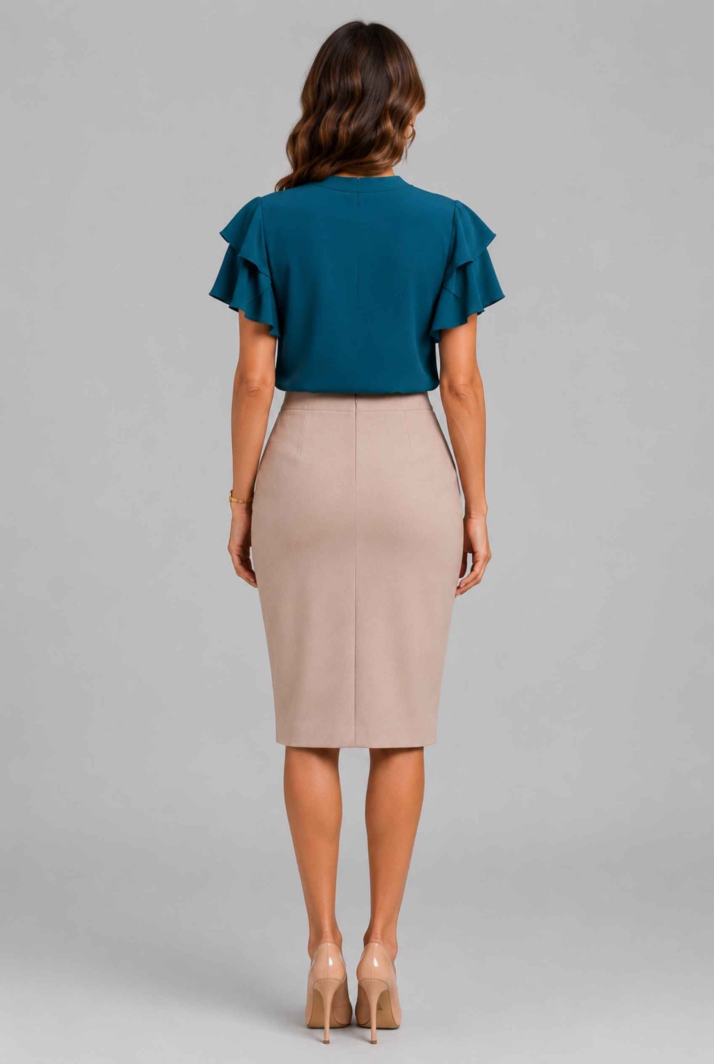 Virtual Model Wearing The Vivienne Ruffle Blouse Teal Ruffle Flutter Sleeve Split Neck Blouse