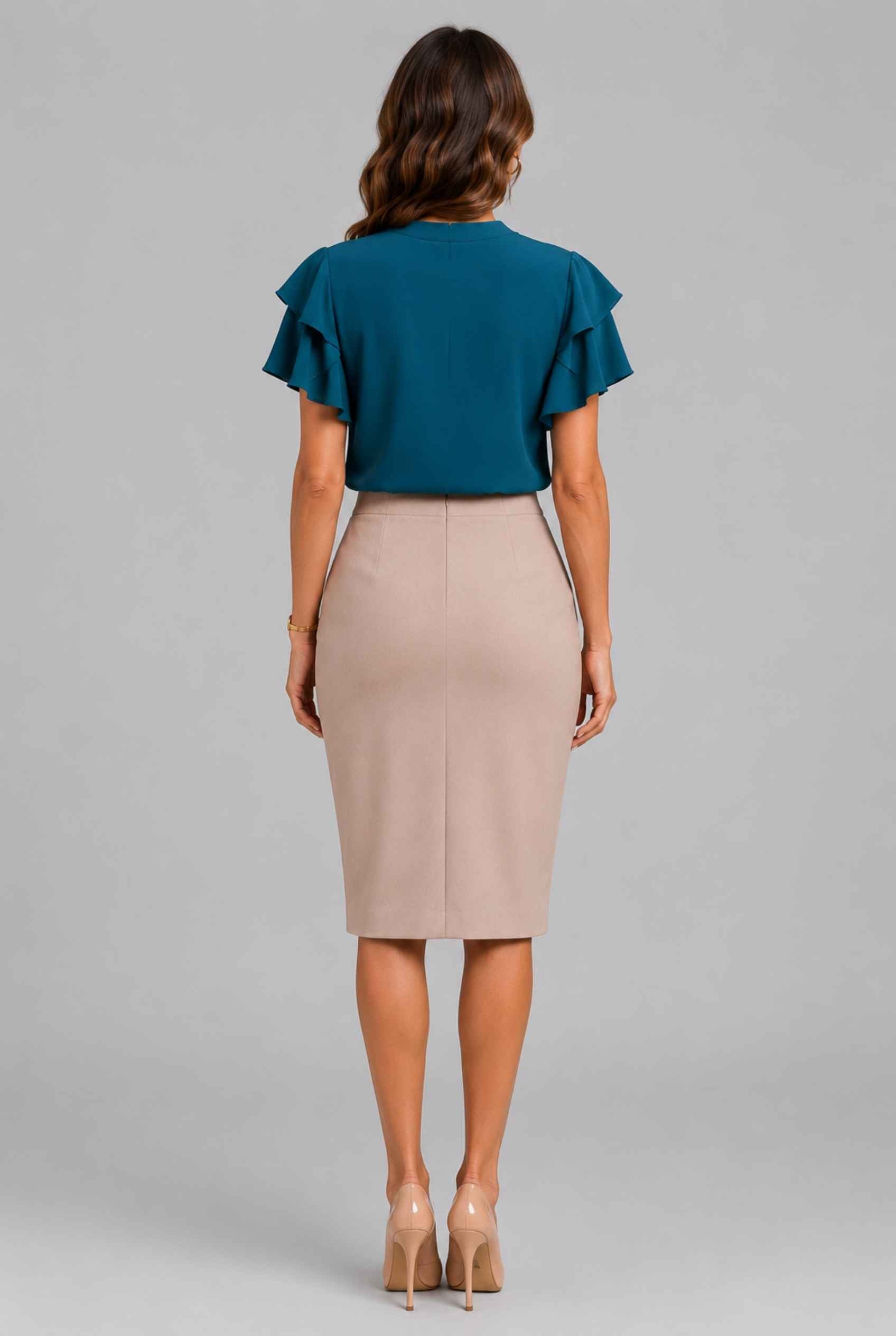 Virtual Model Wearing The Vivienne Ruffle Blouse Teal Ruffle Flutter Sleeve Split Neck Blouse