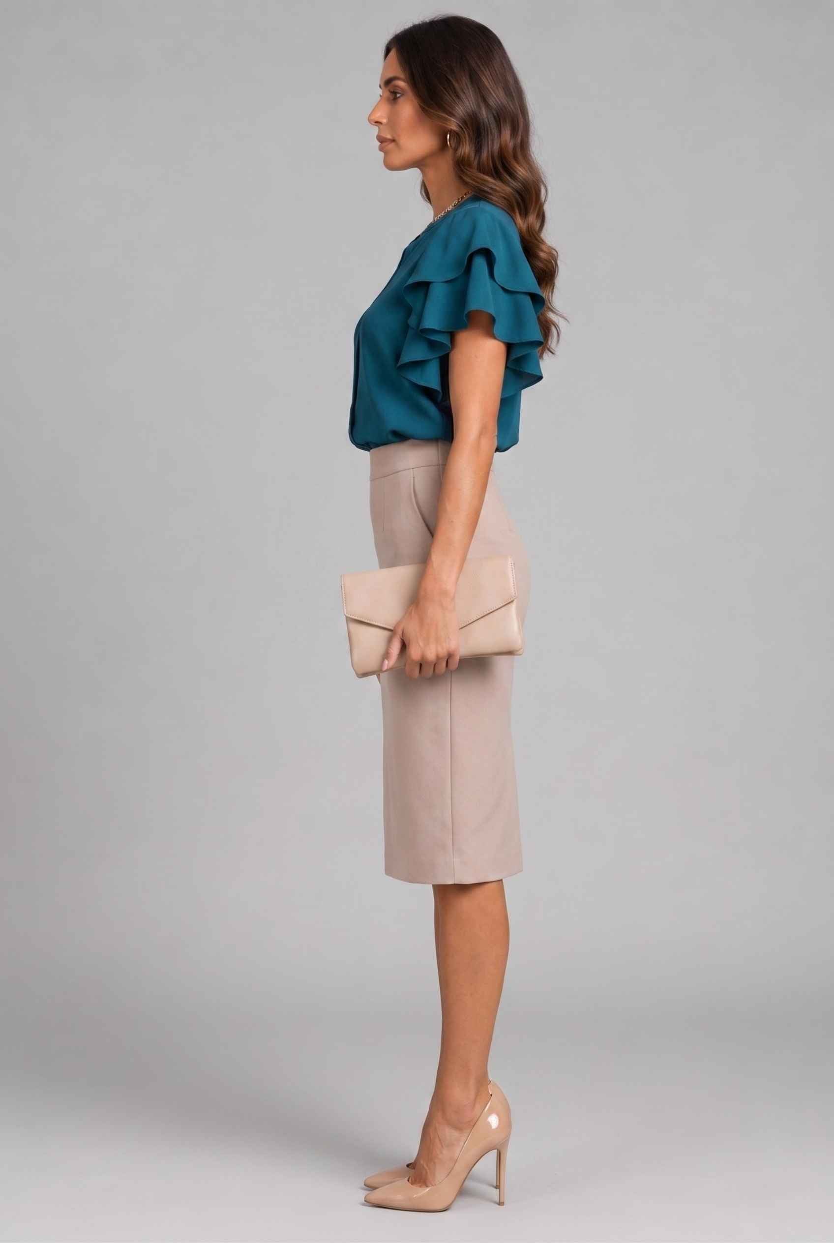 Virtual Model Wearing The Vivienne Ruffle Blouse Teal Ruffle Flutter Sleeve Split Neck Blouse