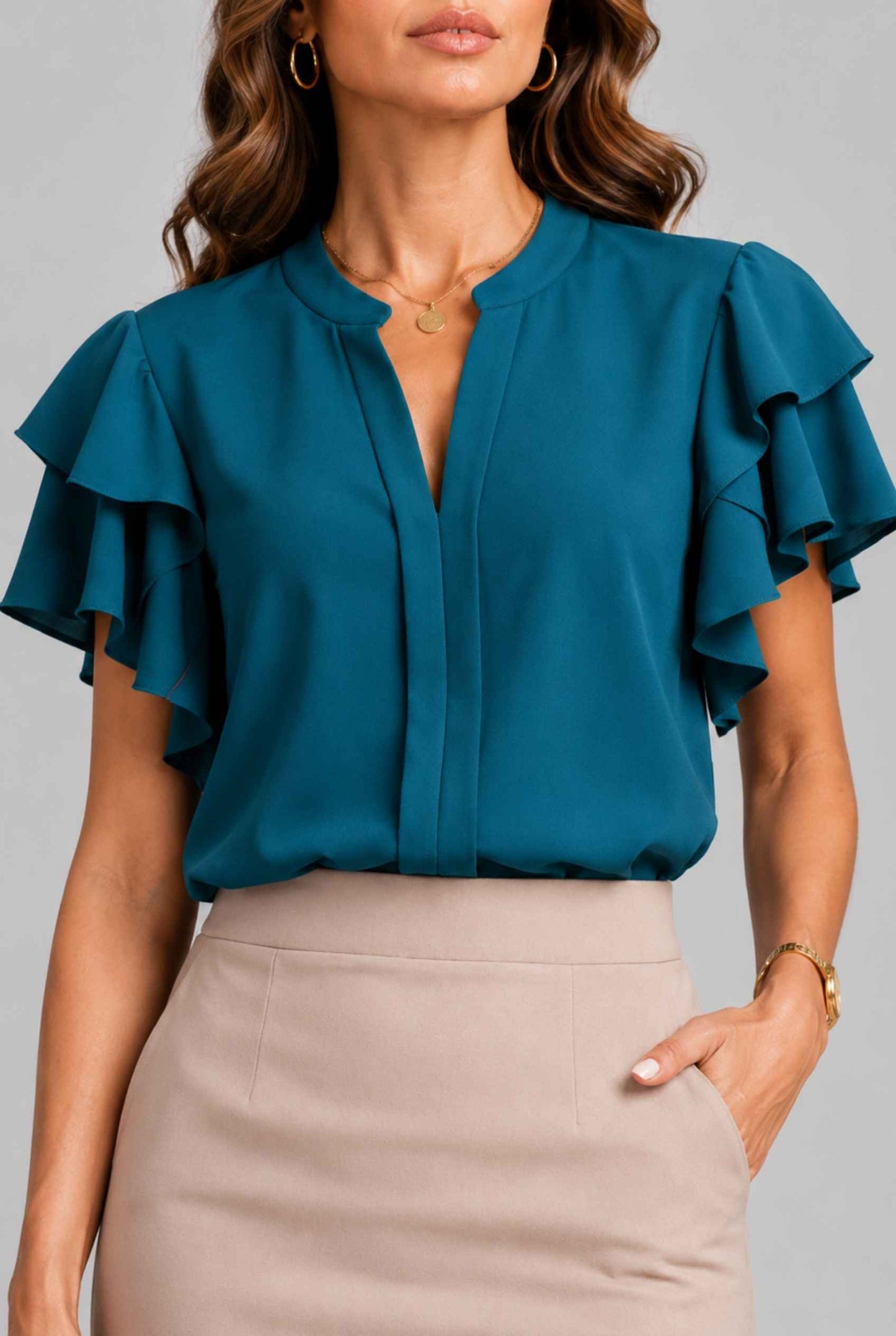 Virtual Model Wearing The Vivienne Ruffle Blouse Teal Ruffle Flutter Sleeve Split Neck Blouse