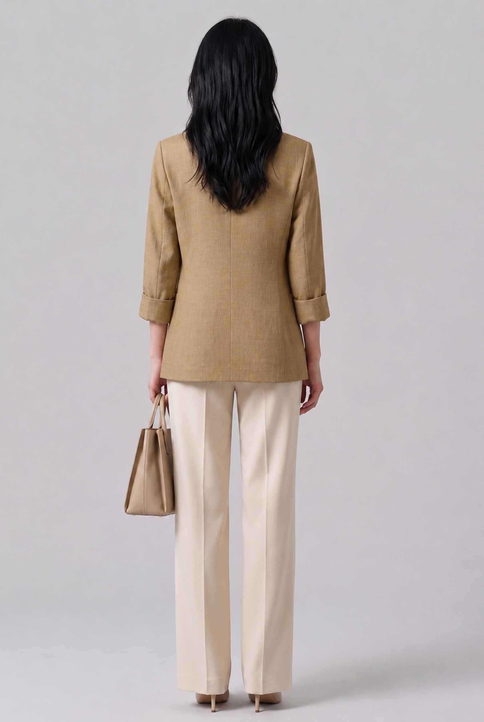 Virtual Model Wearing The Willa Lightweight Blazer Linen-Look Cuffed  Beige Blazer Jacket