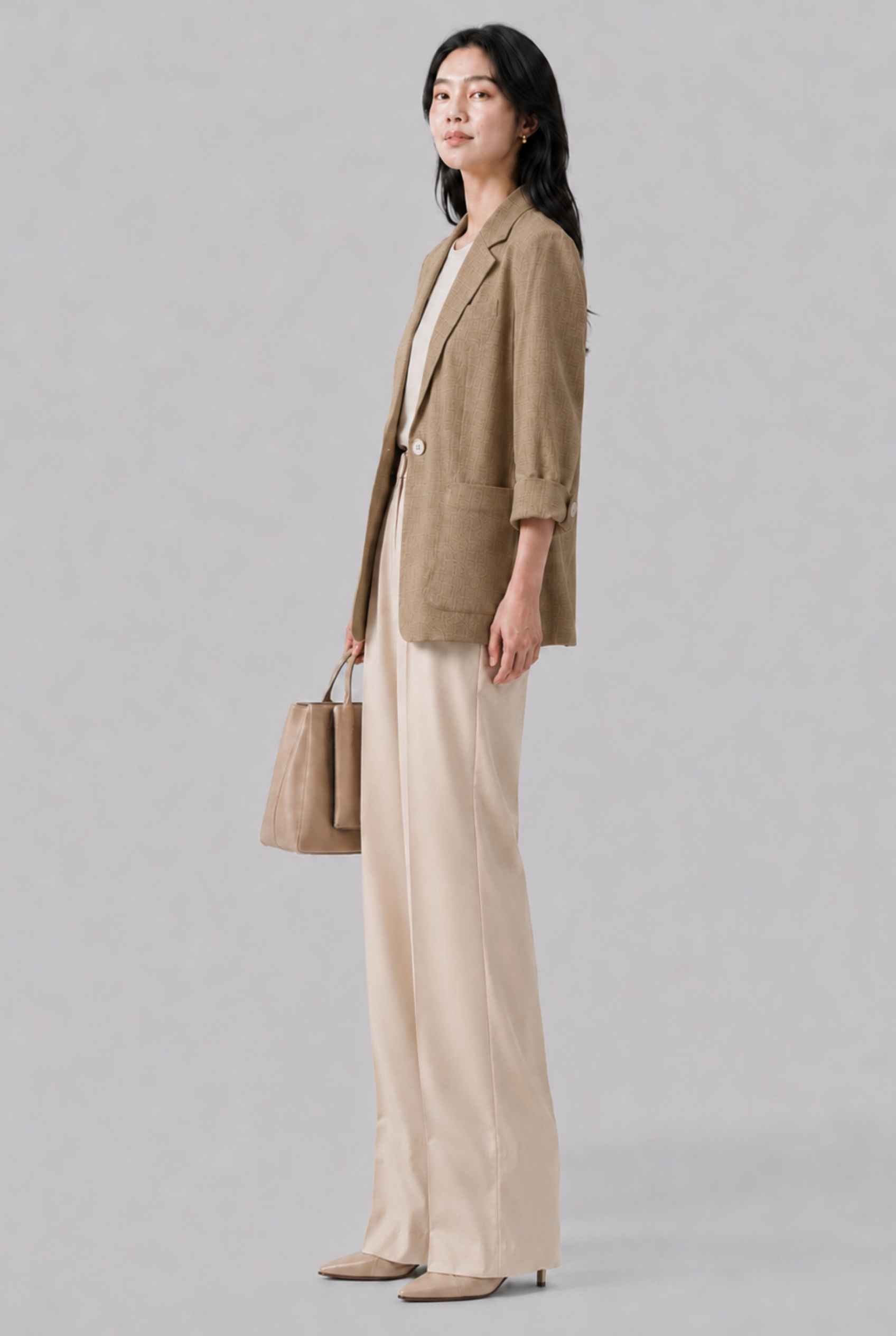 Virtual Model Wearing The Willa Lightweight Blazer Linen-Look Cuffed  Beige Blazer Jacket