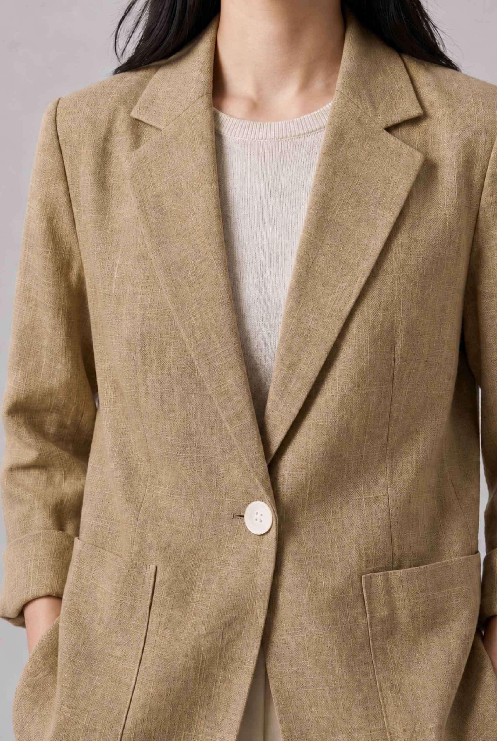 Virtual Model Wearing The Willa Lightweight Blazer Linen-Look Cuffed  Beige Blazer Jacket