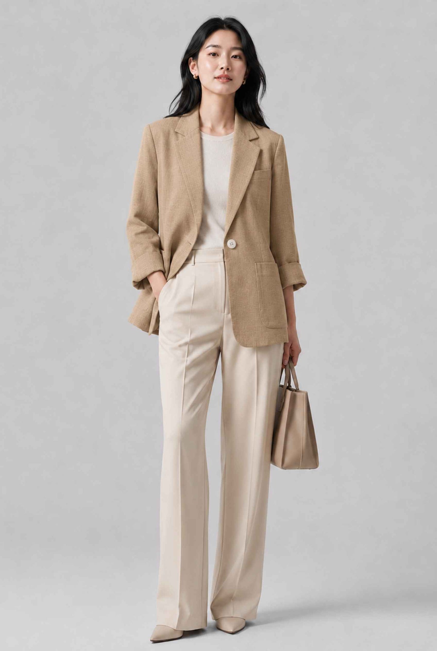 Virtual Model Wearing The Willa Lightweight Blazer Linen-Look Cuffed  Beige Blazer Jacket