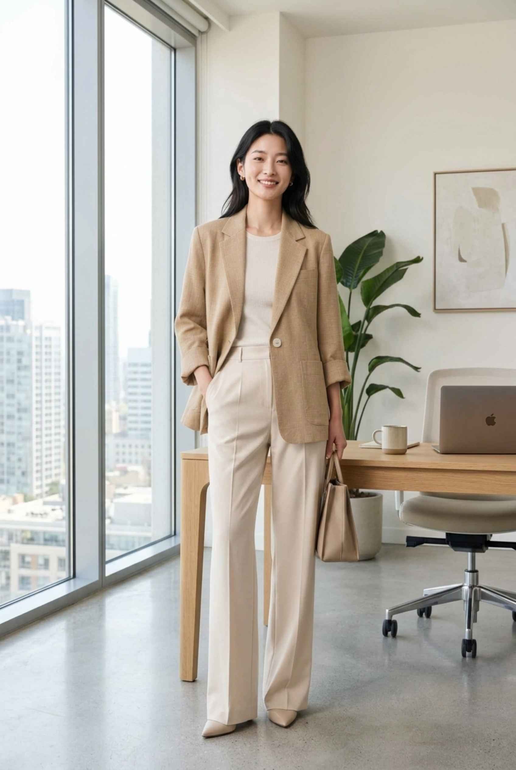 Virtual Model Wearing The Willa Lightweight Blazer Linen-Look Cuffed  Beige Blazer Jacket