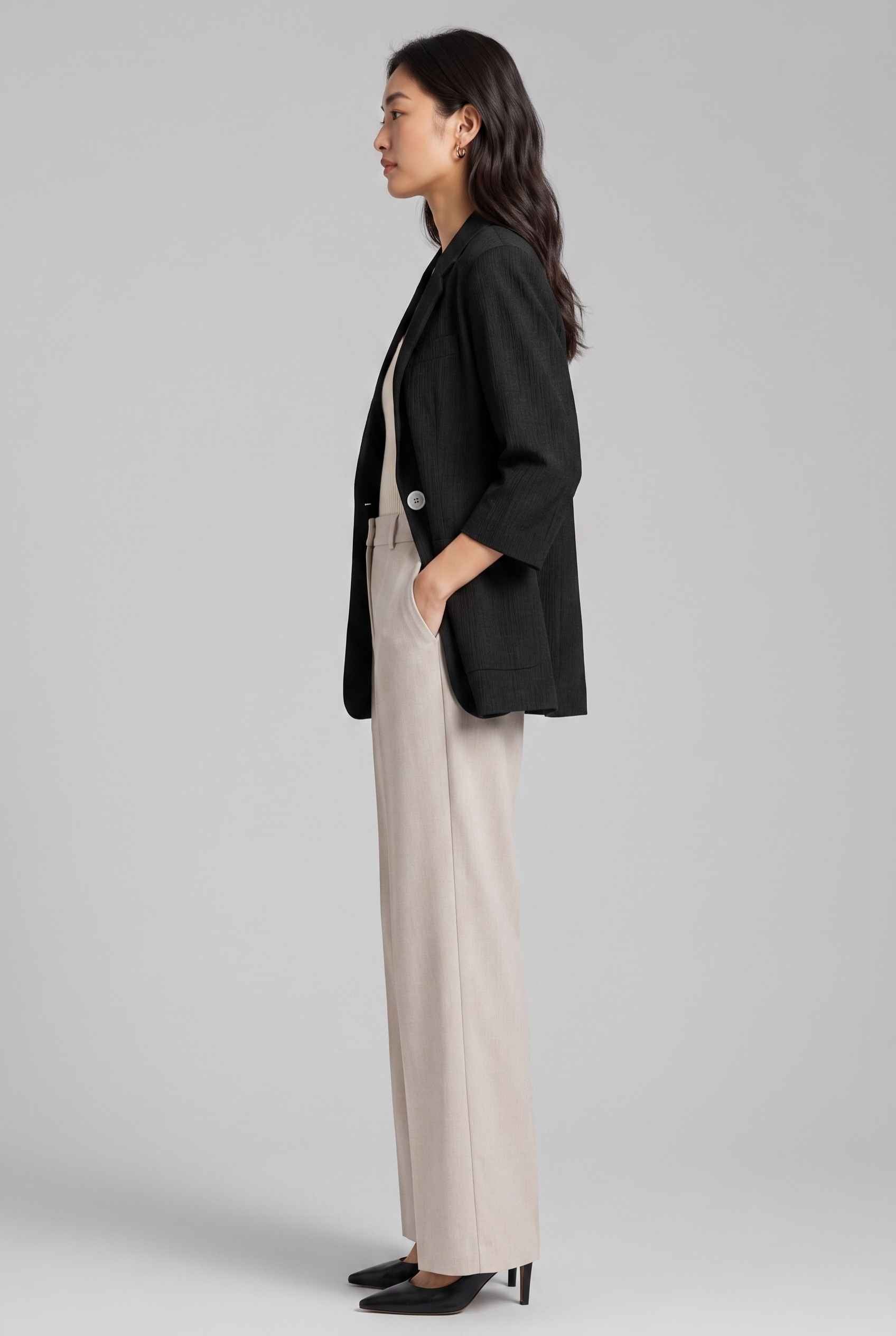 Virtual Model Wearing The Willa Lightweight Blazer Linen-Look Cuffed  Black Blazer Jacket