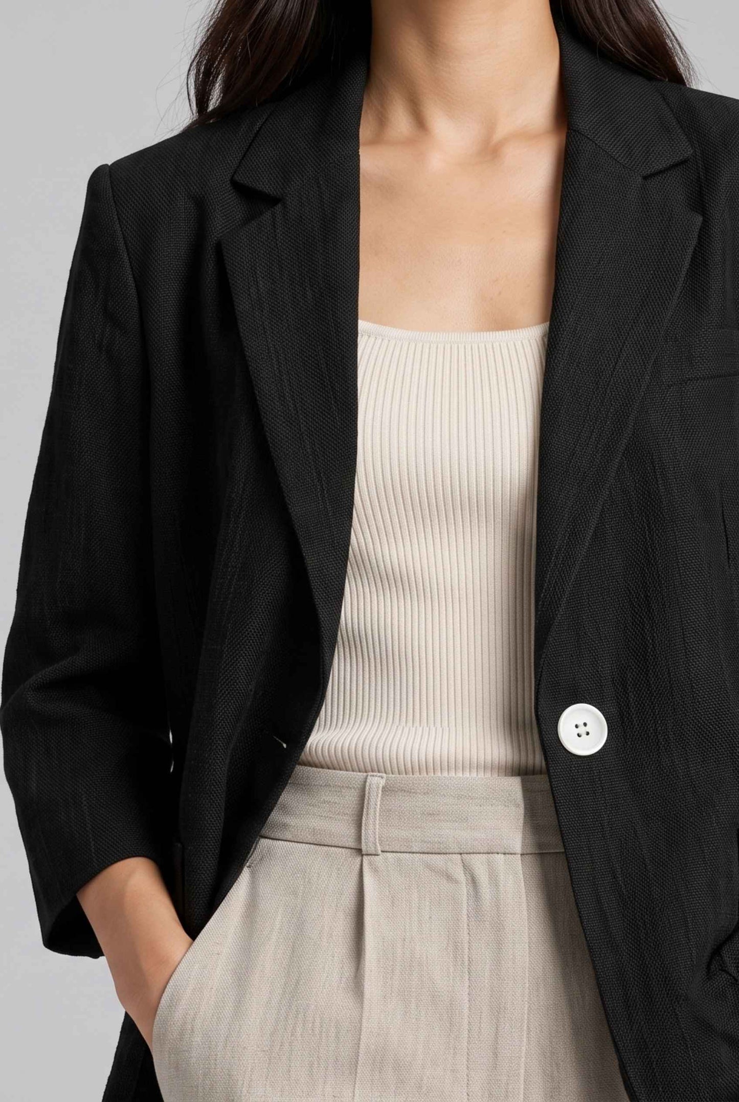 Virtual Model Wearing The Willa Lightweight Blazer Linen-Look Cuffed  Black Blazer Jacket
