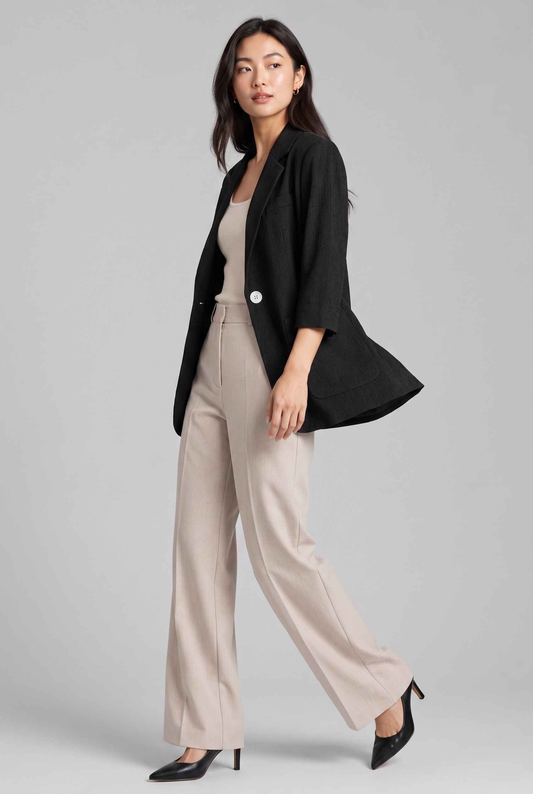 Virtual Model Wearing The Willa Lightweight Blazer Linen-Look Cuffed  Black Blazer Jacket