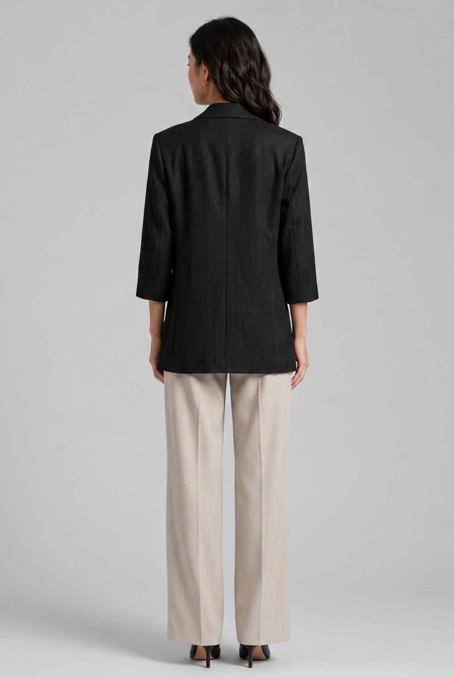 Virtual Model Wearing The Willa Lightweight Blazer Linen-Look Cuffed  Black Blazer Jacket