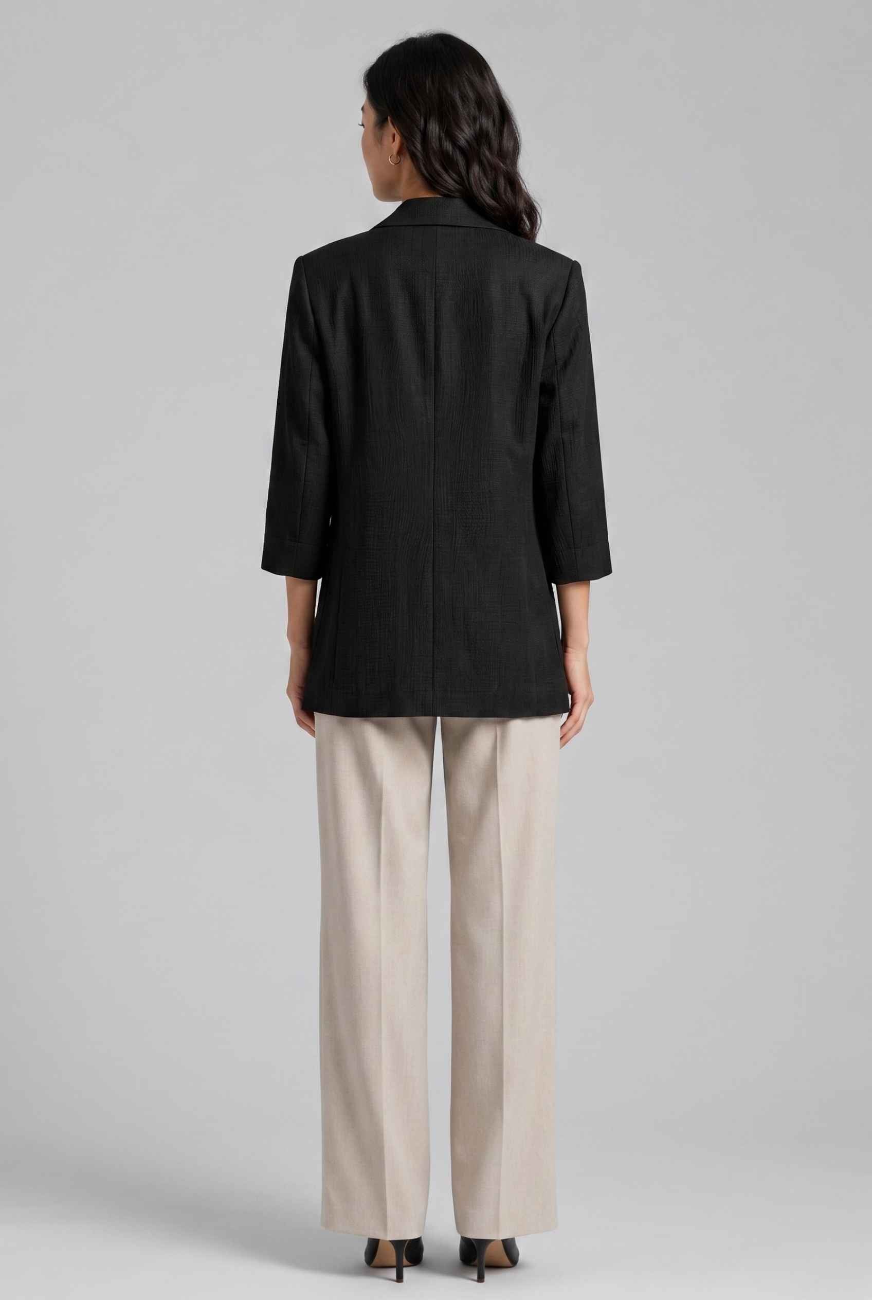 Virtual Model Wearing The Willa Lightweight Blazer Linen-Look Cuffed  Black Blazer Jacket