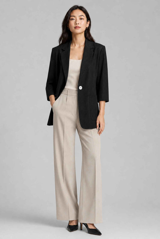 Virtual Model Wearing The Willa Lightweight Blazer Linen-Look Cuffed  Black Blazer Jacket