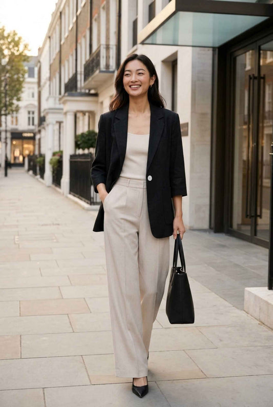 Virtual Model Wearing The Willa Lightweight Blazer Linen-Look Cuffed  Black Blazer Jacket