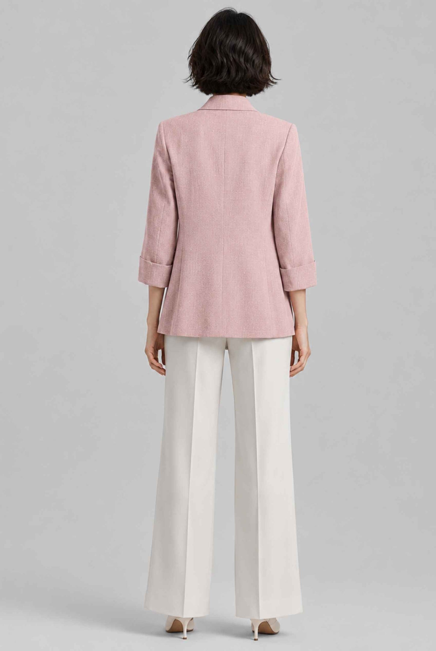 Virtual Model Wearing The Willa Lightweight Blazer Linen-Look Cuffed  Blush Blazer Jacket