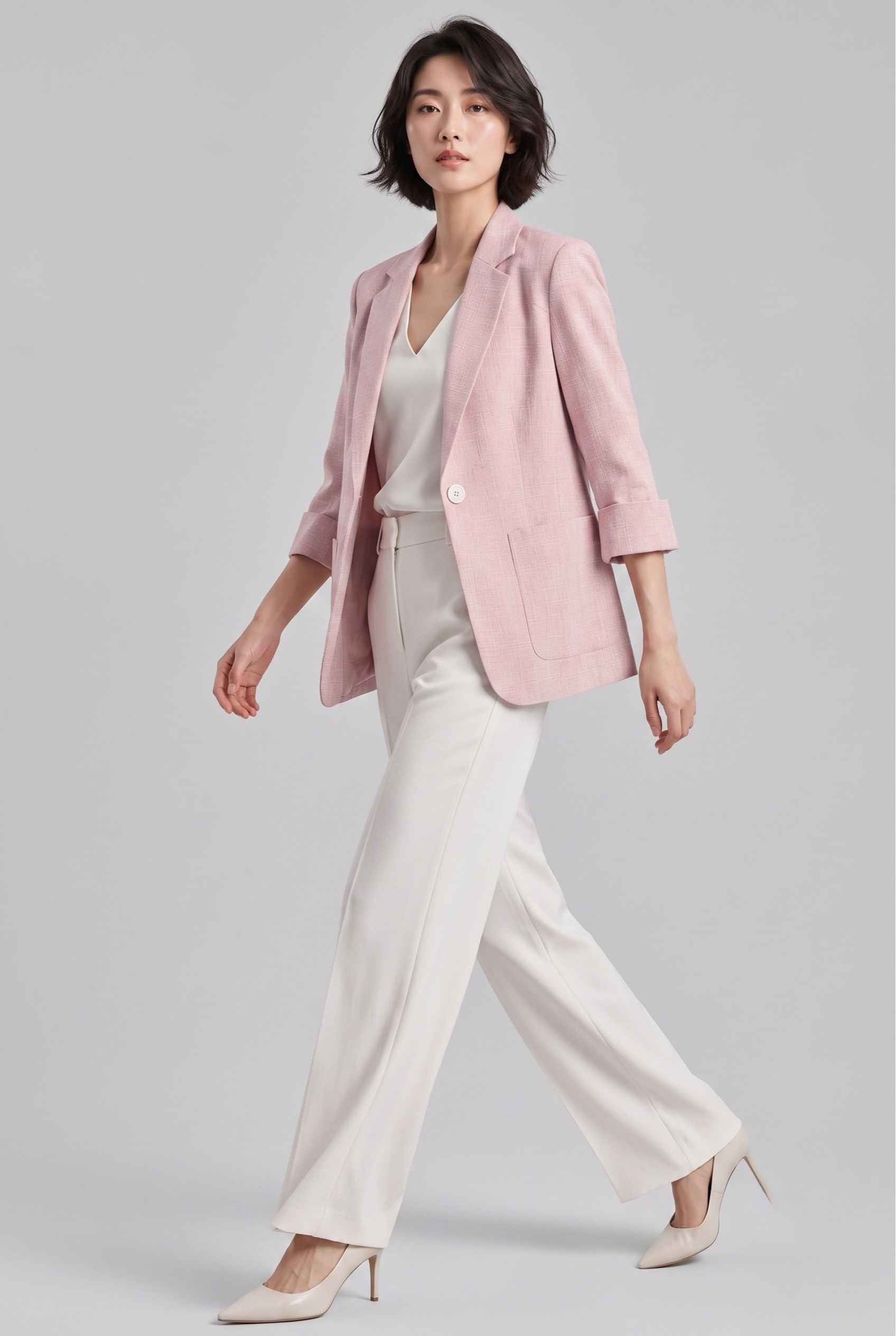 Virtual Model Wearing The Willa Lightweight Blazer Linen-Look Cuffed  Blush Blazer Jacket