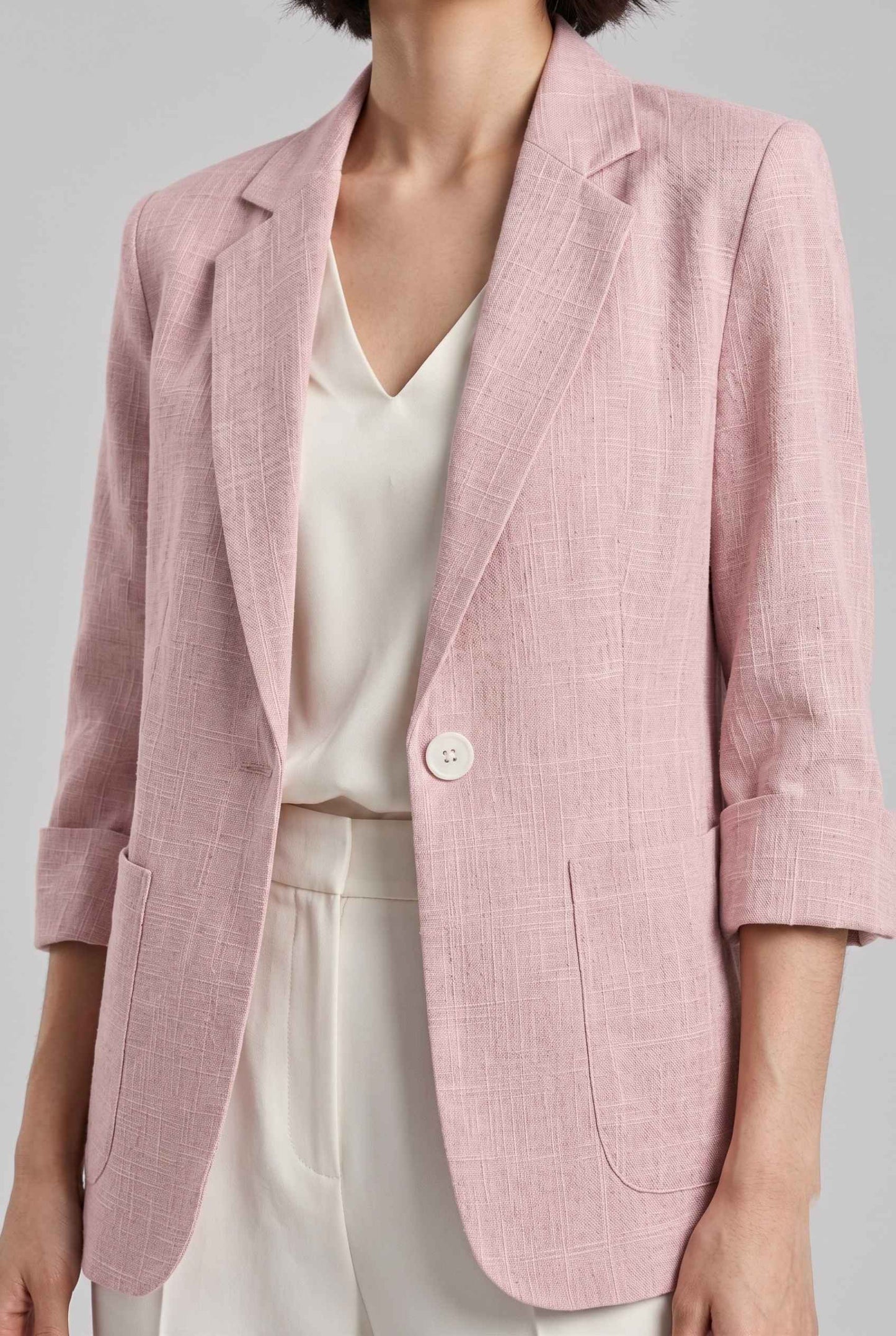 Virtual Model Wearing The Willa Lightweight Blazer Linen-Look Cuffed  Blush Blazer Jacket