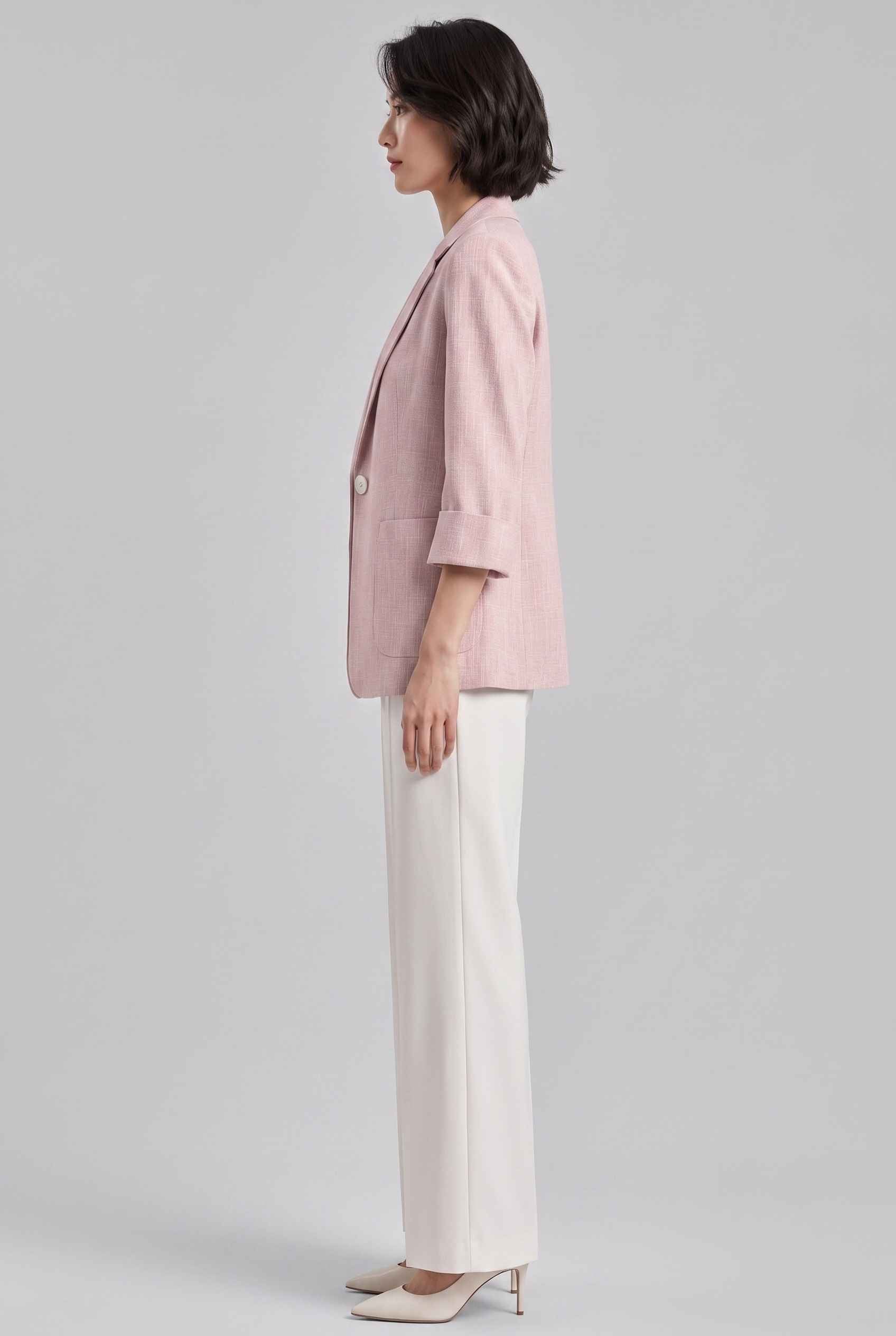 Virtual Model Wearing The Willa Lightweight Blazer Linen-Look Cuffed  Blush Blazer Jacket