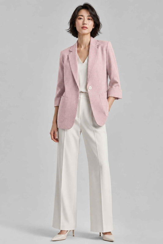 Virtual Model Wearing The Willa Lightweight Blazer Linen-Look Cuffed  Blush Blazer Jacket