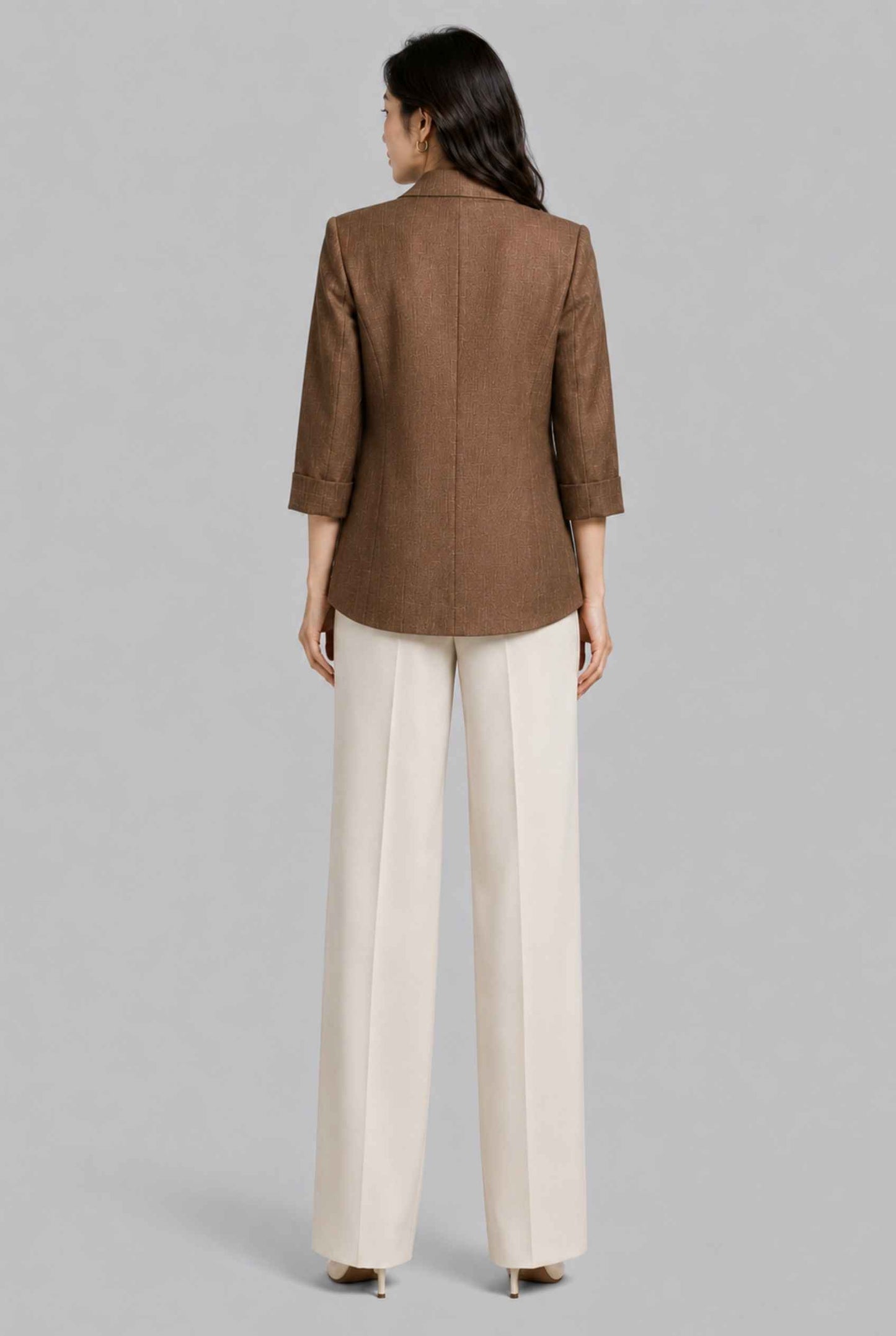 Virtual Model Wearing The Willa Lightweight Blazer Linen-Look Cuffed  Brown Blazer Jacket