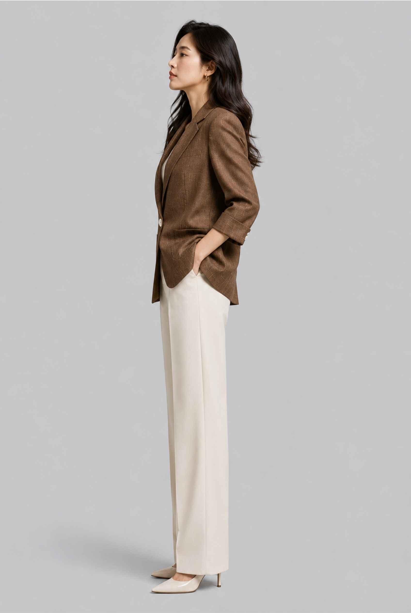 Virtual Model Wearing The Willa Lightweight Blazer Linen-Look Cuffed  Brown Blazer Jacket