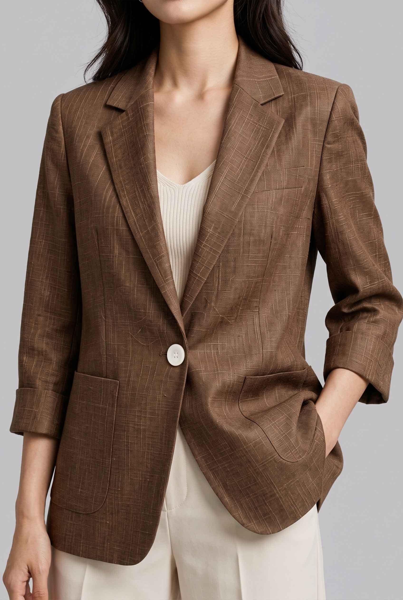 Virtual Model Wearing The Willa Lightweight Blazer Linen-Look Cuffed  Brown Blazer Jacket