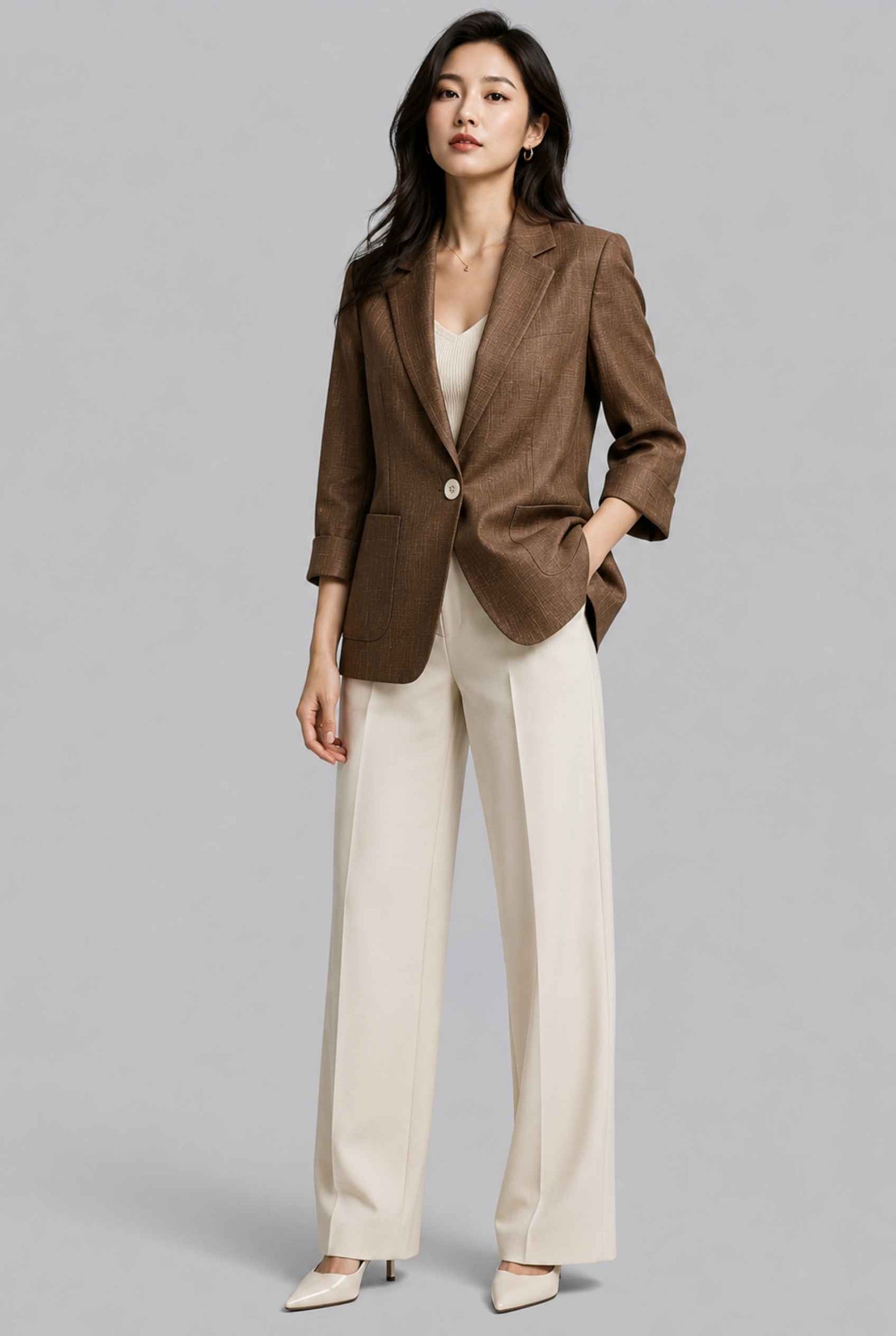 Virtual Model Wearing The Willa Lightweight Blazer Linen-Look Cuffed  Brown Blazer Jacket