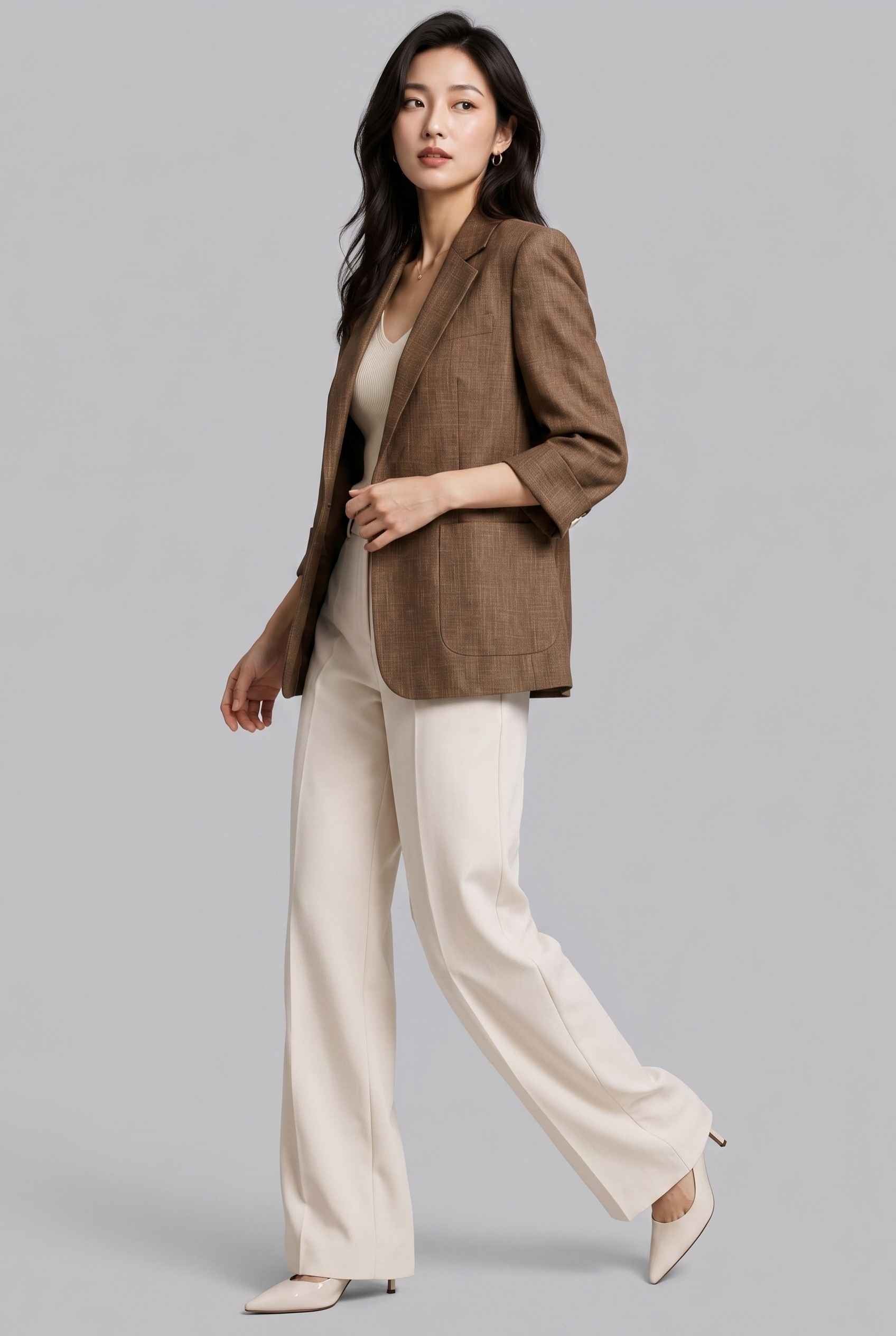 Virtual Model Wearing The Willa Lightweight Blazer Linen-Look Cuffed  Brown Blazer Jacket
