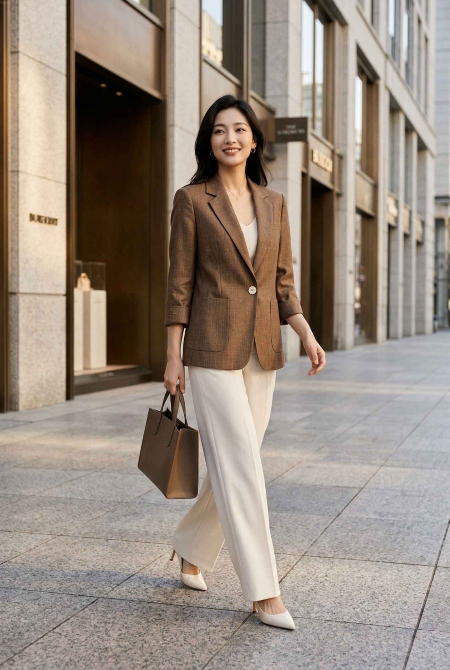 Virtual Model Wearing The Willa Lightweight Blazer Linen-Look Cuffed  Brown Blazer Jacket