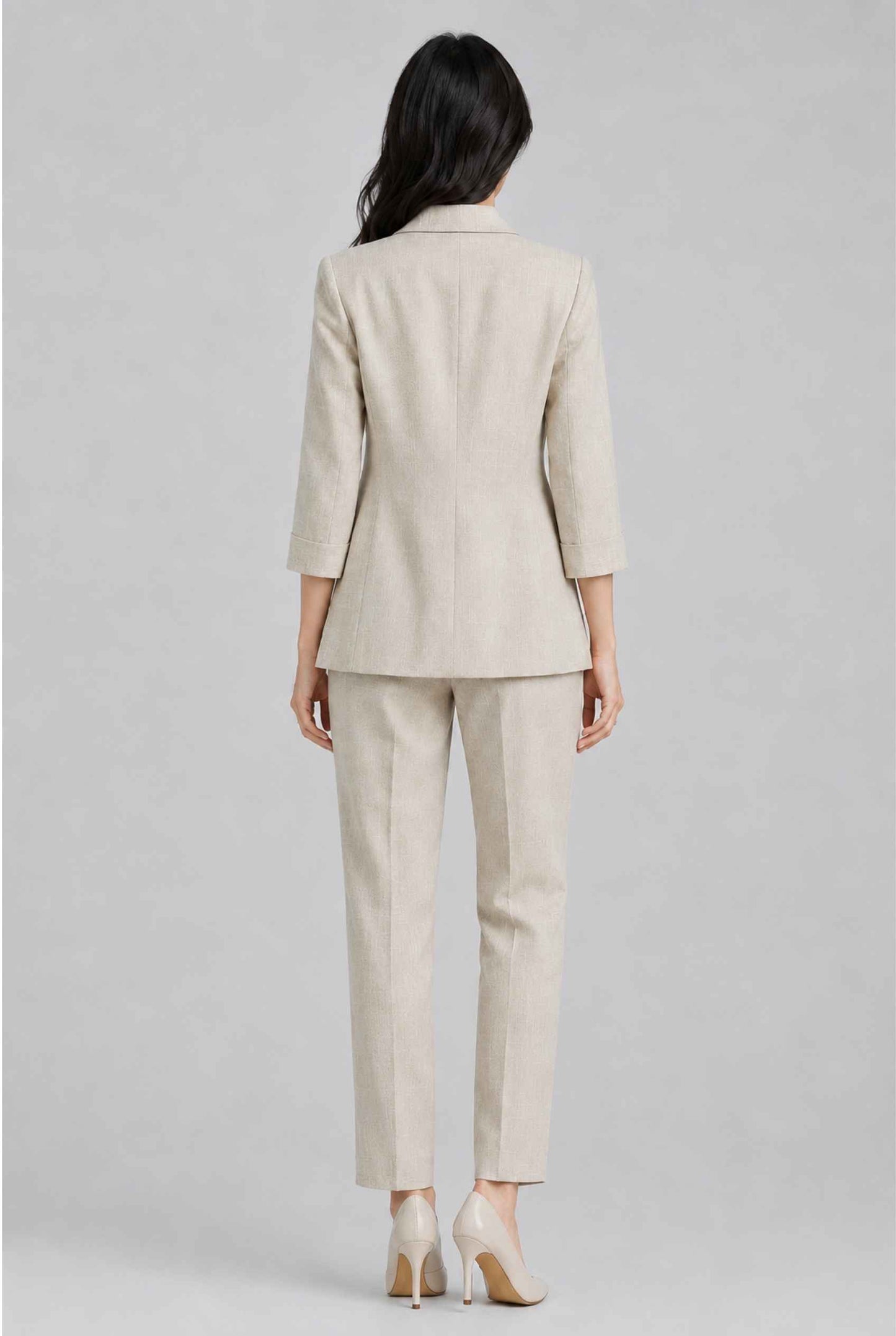 Virtual Model Wearing The Willa Lightweight Blazer Linen-Look Cuffed  Light Gray Blazer Jacket