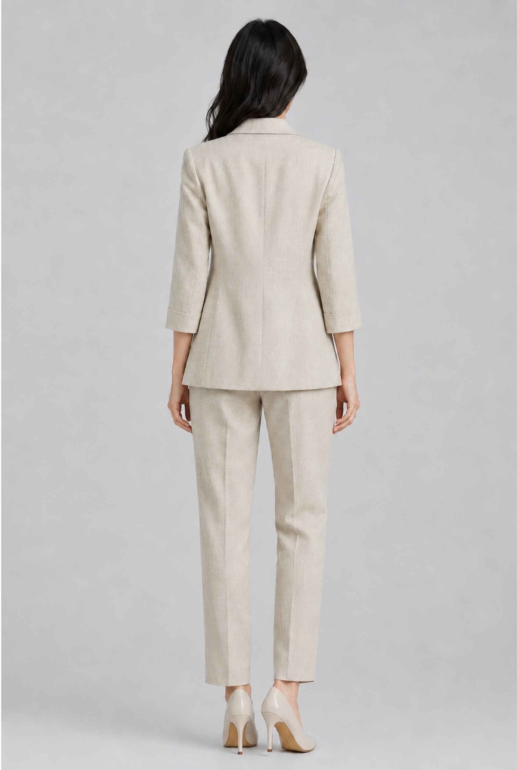 Virtual Model Wearing The Willa Lightweight Blazer Linen-Look Cuffed  Light Gray Blazer Jacket