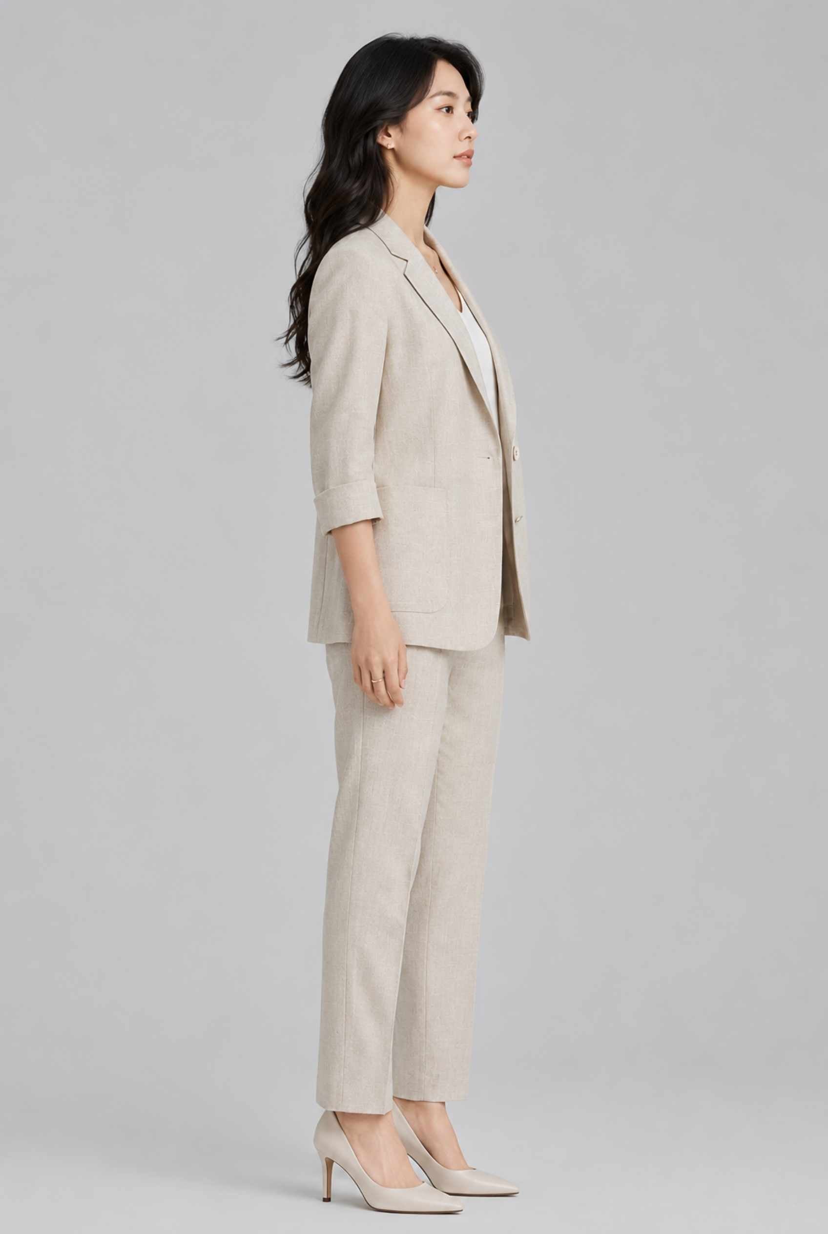 Virtual Model Wearing The Willa Lightweight Blazer Linen-Look Cuffed  Light Gray Blazer Jacket