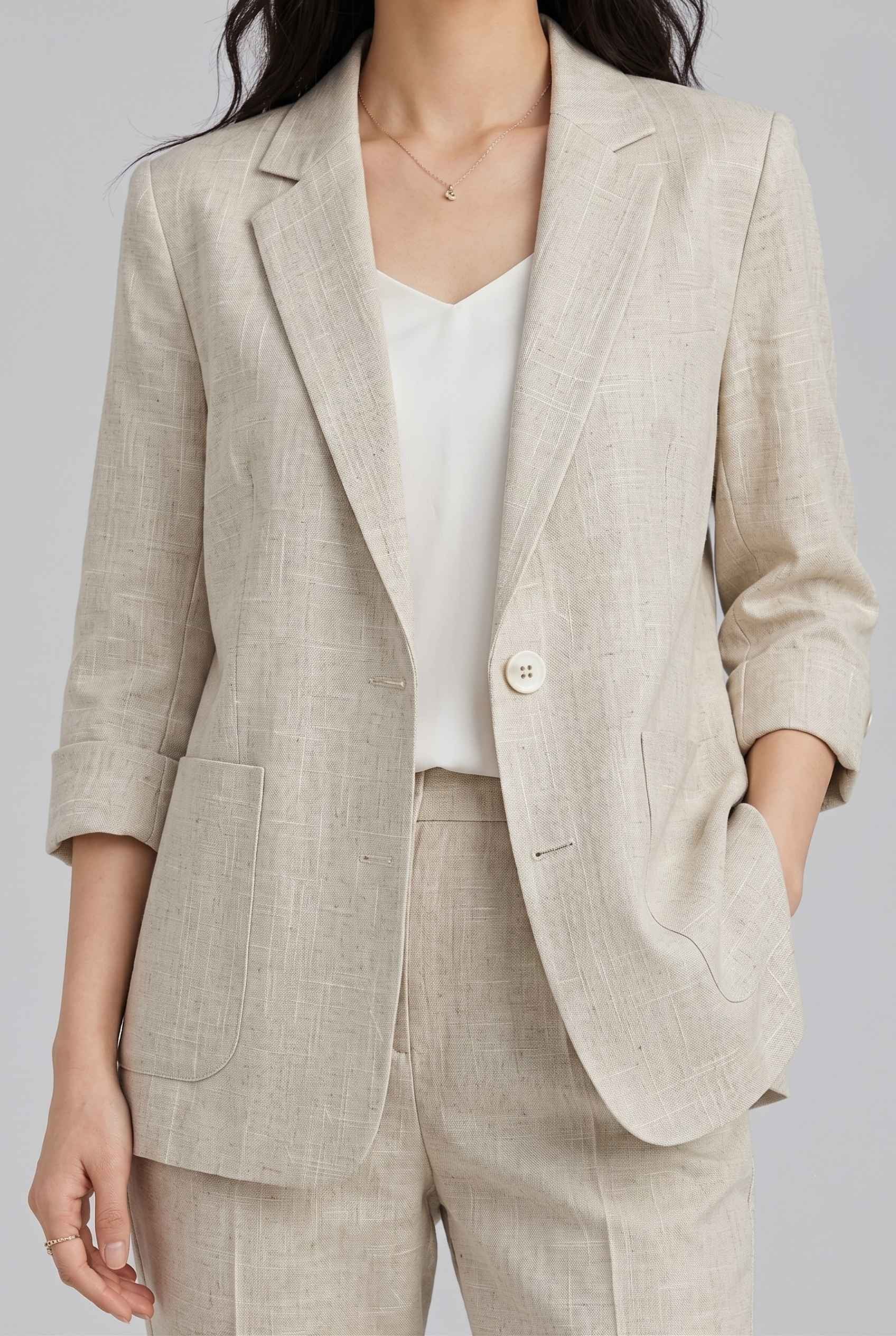 Virtual Model Wearing The Willa Lightweight Blazer Linen-Look Cuffed  Light Gray Blazer Jacket