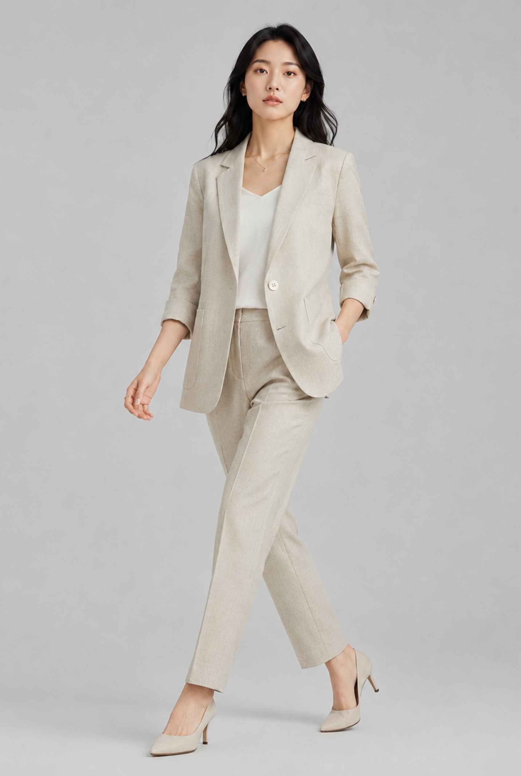 Virtual Model Wearing The Willa Lightweight Blazer Linen-Look Cuffed  Light Gray Blazer Jacket